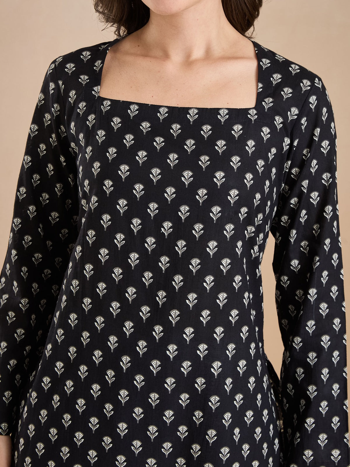 Women’s Floral Print Pure Cotton Black Square Neck Top