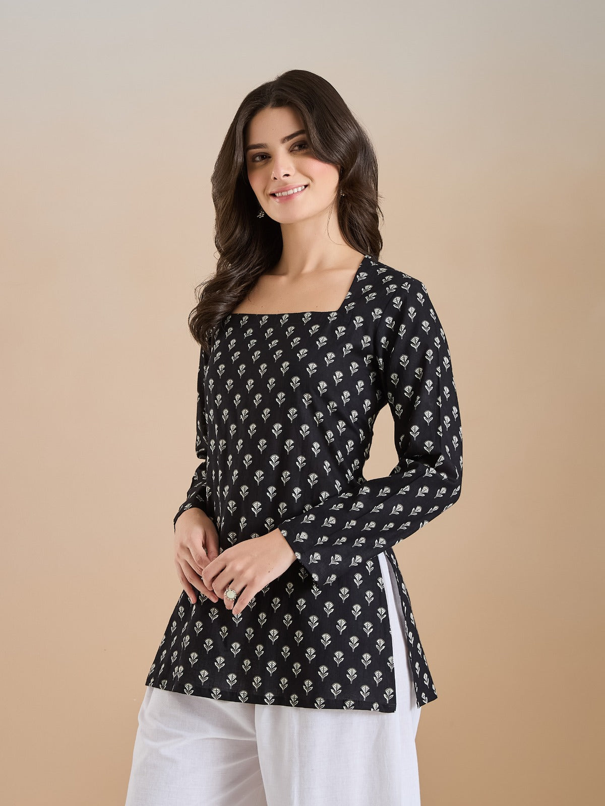 Women’s Floral Print Pure Cotton Black Square Neck Top
