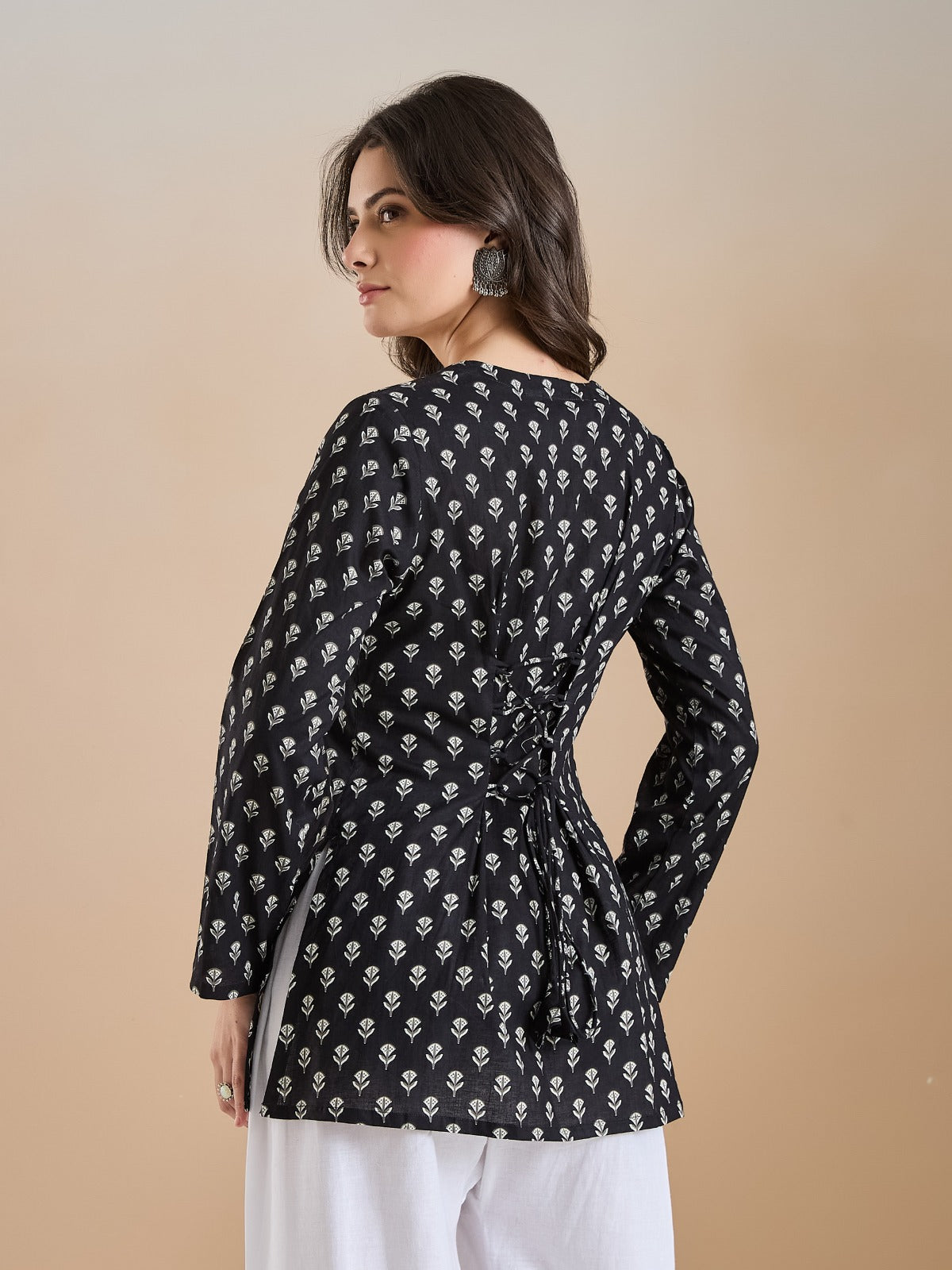 Women’s Floral Print Pure Cotton Black Square Neck Top