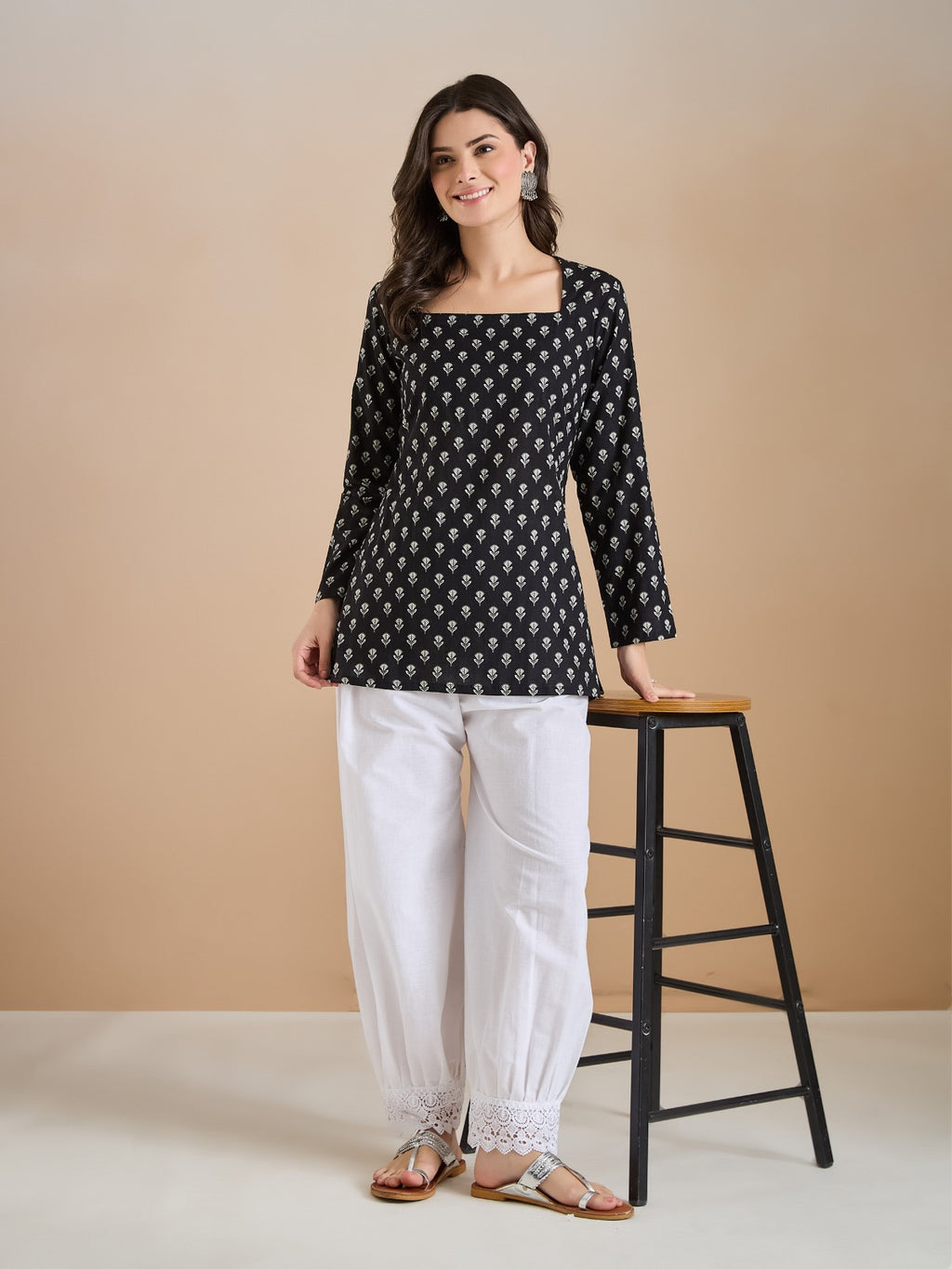 Women’s Floral Print Pure Cotton Black Square Neck Top