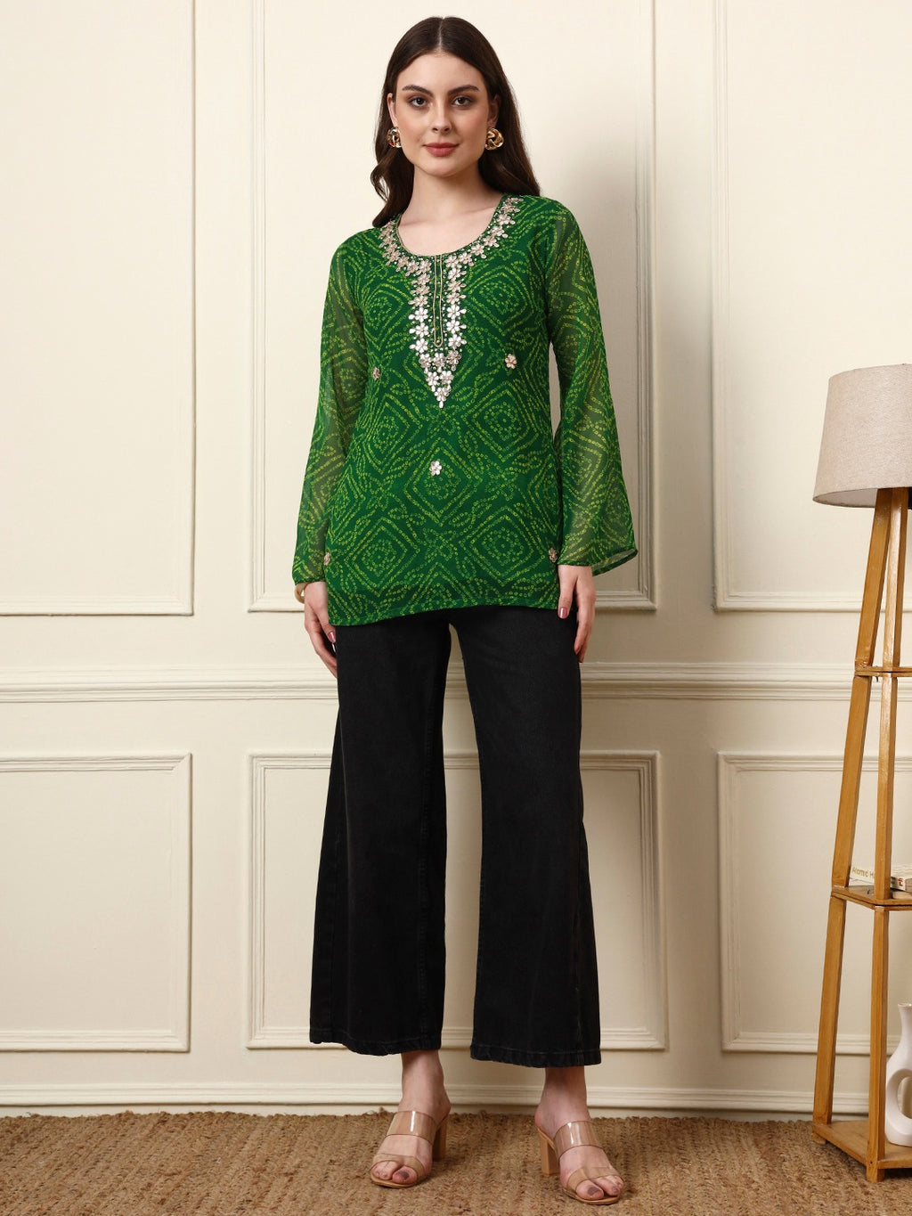 Women’s Green Bandhani Print Georgette Bell Sleeve Top