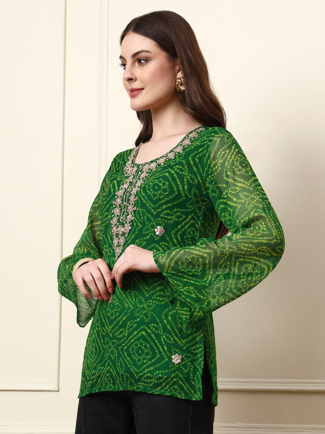 Women’s Green Bandhani Print Georgette Bell Sleeve Top