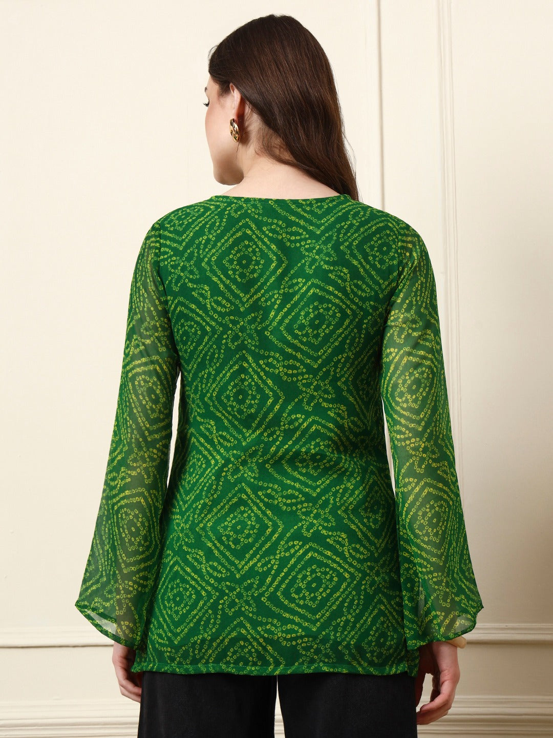 Women’s Green Bandhani Print Georgette Bell Sleeve Top