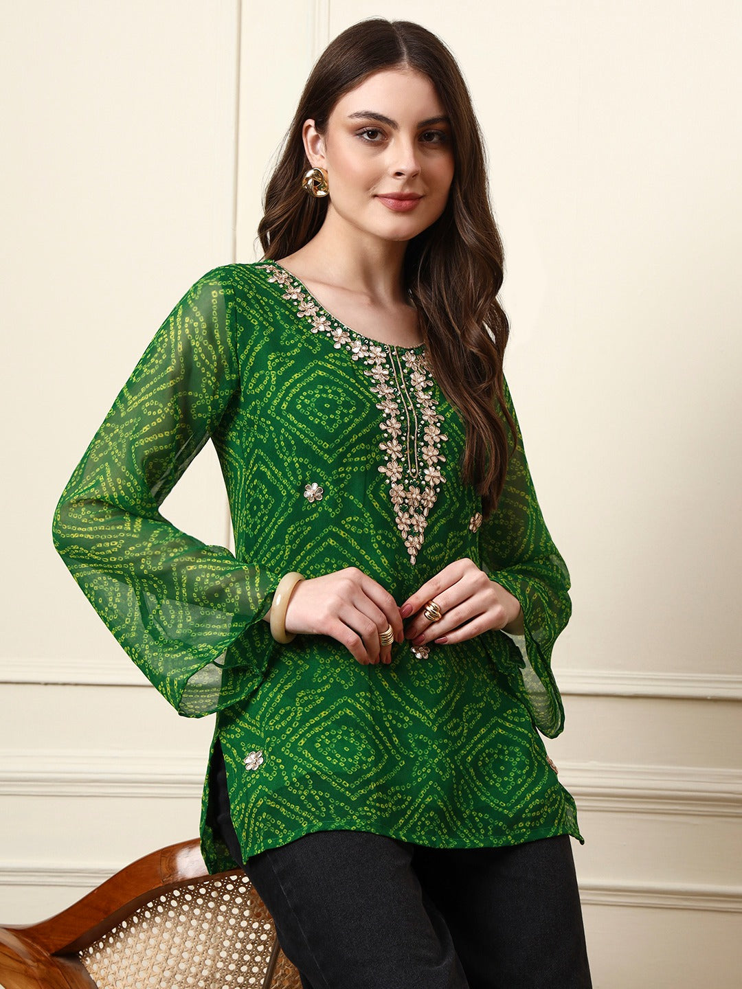 Women’s Green Bandhani Print Georgette Bell Sleeve Top