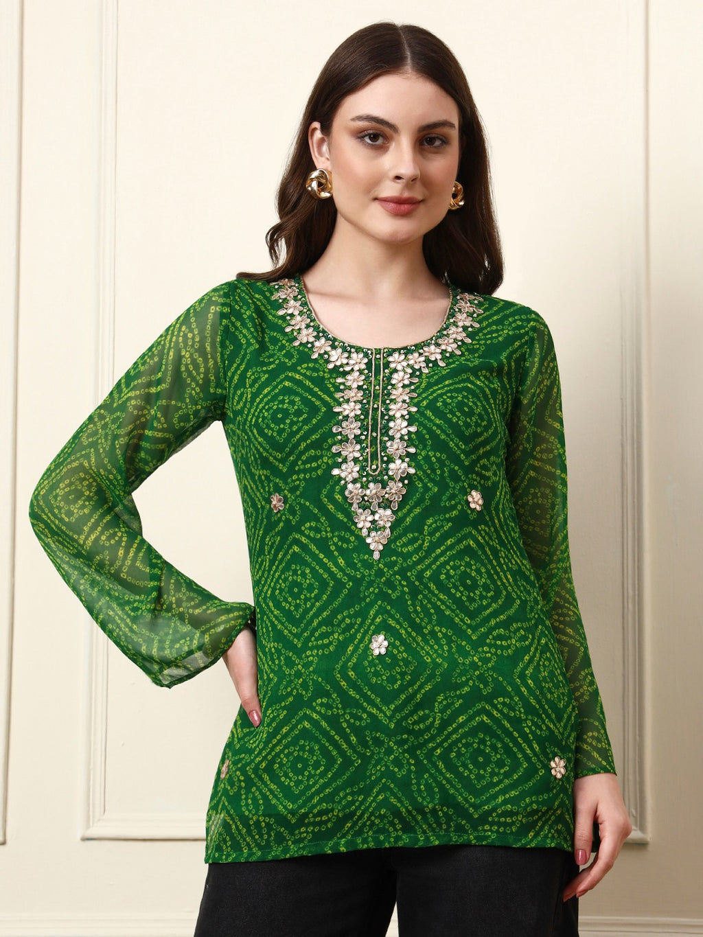 Women’s Green Bandhani Print Georgette Bell Sleeve Top