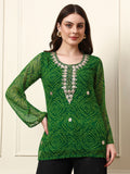 Women’s Green Bandhani Print Georgette Bell Sleeve Top