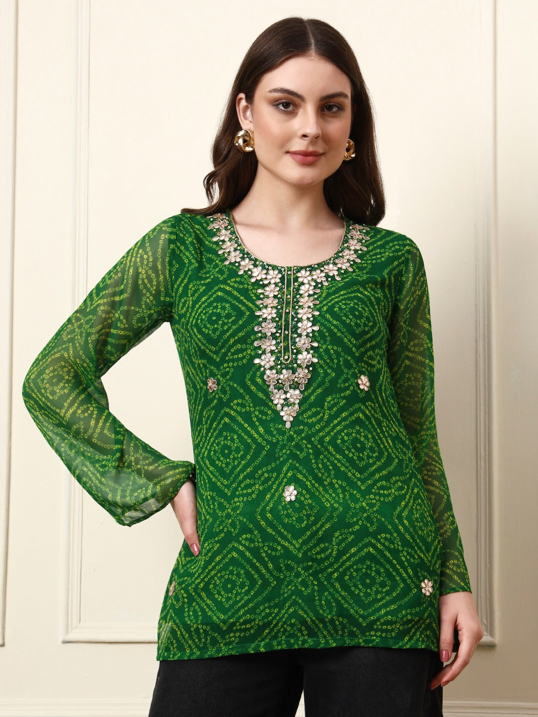 Women’s Green Bandhani Print Georgette Bell Sleeve Top