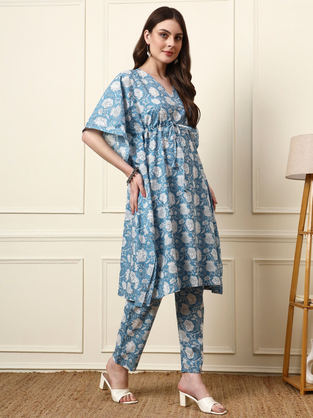 Women’s Blue Floral Print Cotton Kaftan Co-ord Set