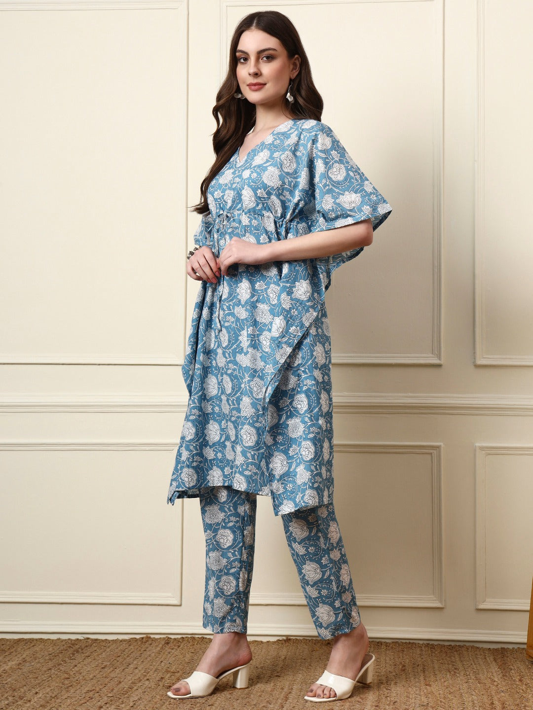 Women’s Blue Floral Print Cotton Kaftan Co-ord Set