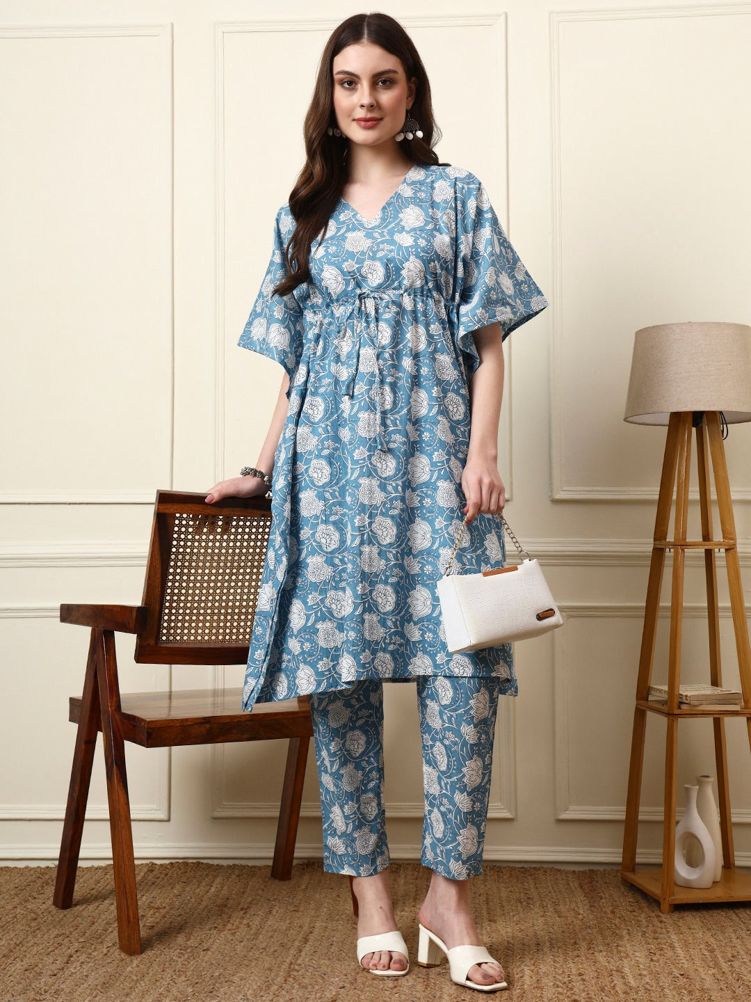 Women’s Blue Floral Print Cotton Kaftan Co-ord Set