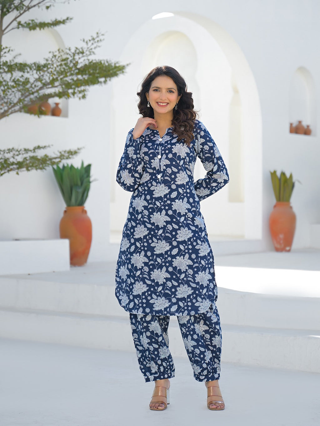 Women’s Blue Pure Cotton Straight Kurta with Harem Pants