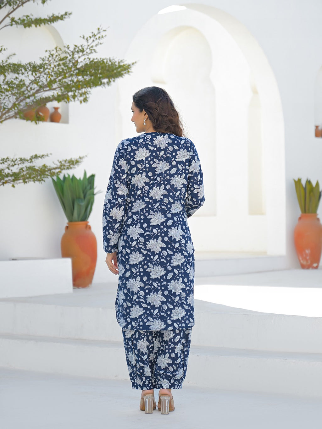 Women’s Blue Pure Cotton Straight Kurta with Harem Pants