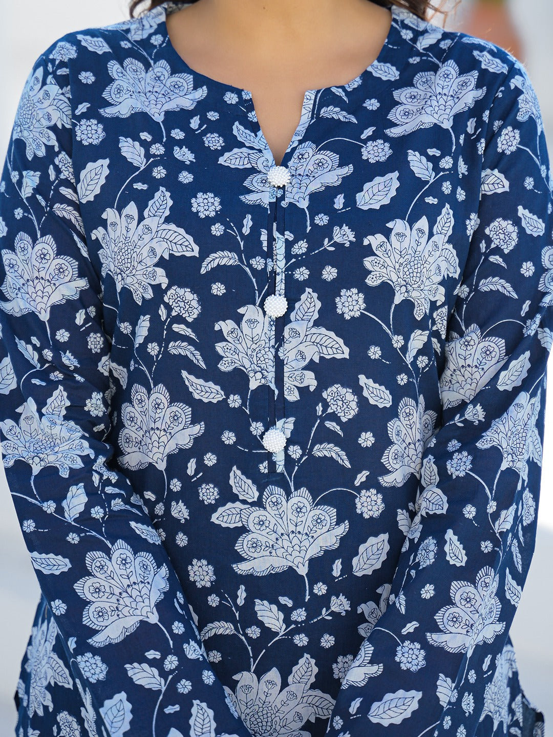 Women’s Blue Pure Cotton Straight Kurta with Harem Pants
