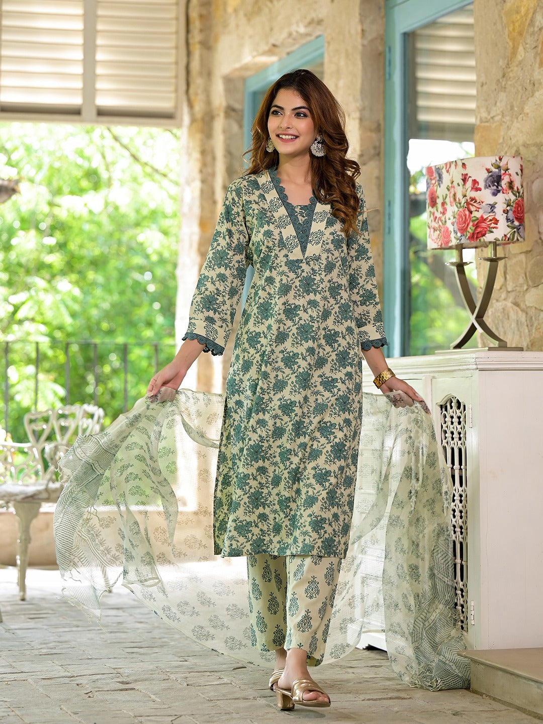 Bottle Green Floral Print Cotton Kurta Set with Kota Doria Dupatta
