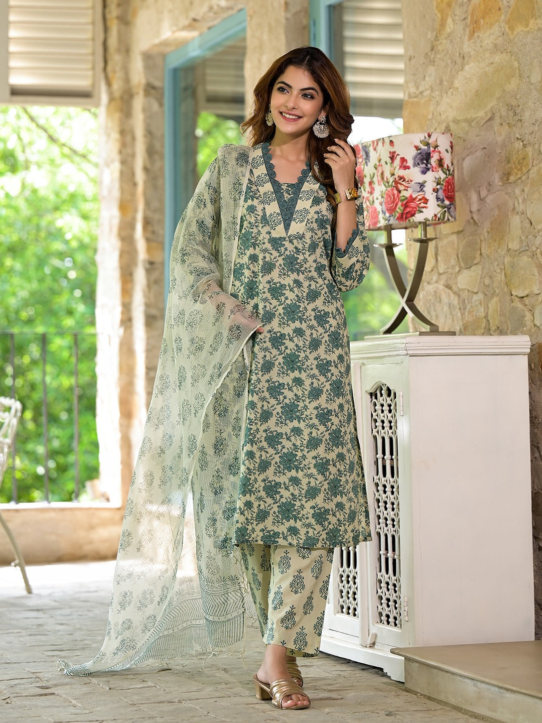 Bottle Green Floral Print Cotton Kurta Set with Kota Doria Dupatta