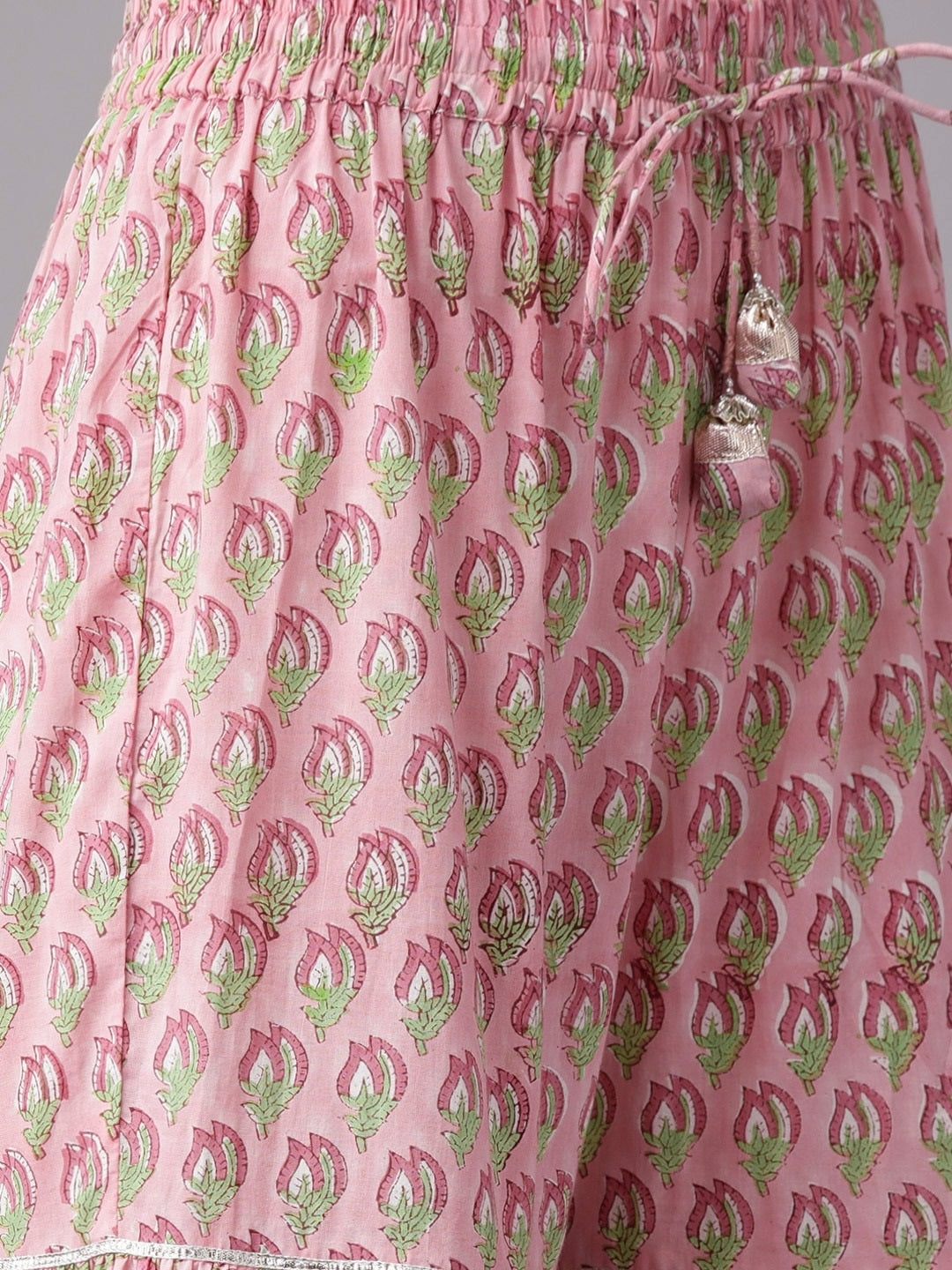 Pink Floral Hand Block Printed Cotton Kurta Sharara Set with Dupatta
