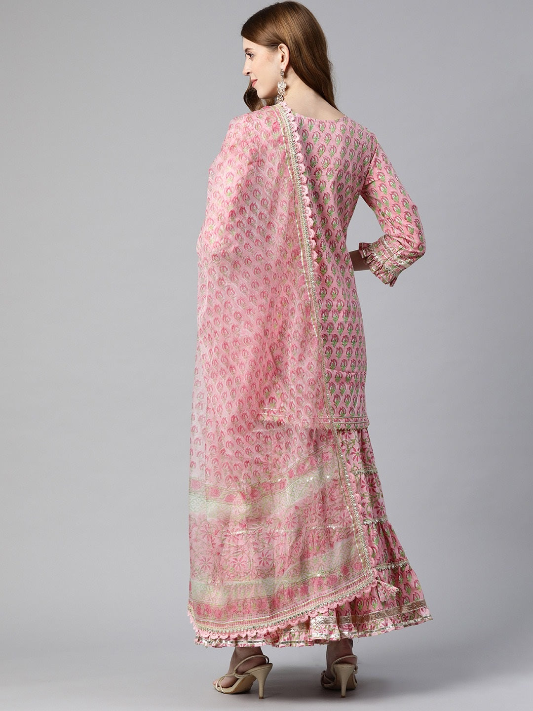 Pink Floral Hand Block Printed Cotton Kurta Sharara Set with Dupatta
