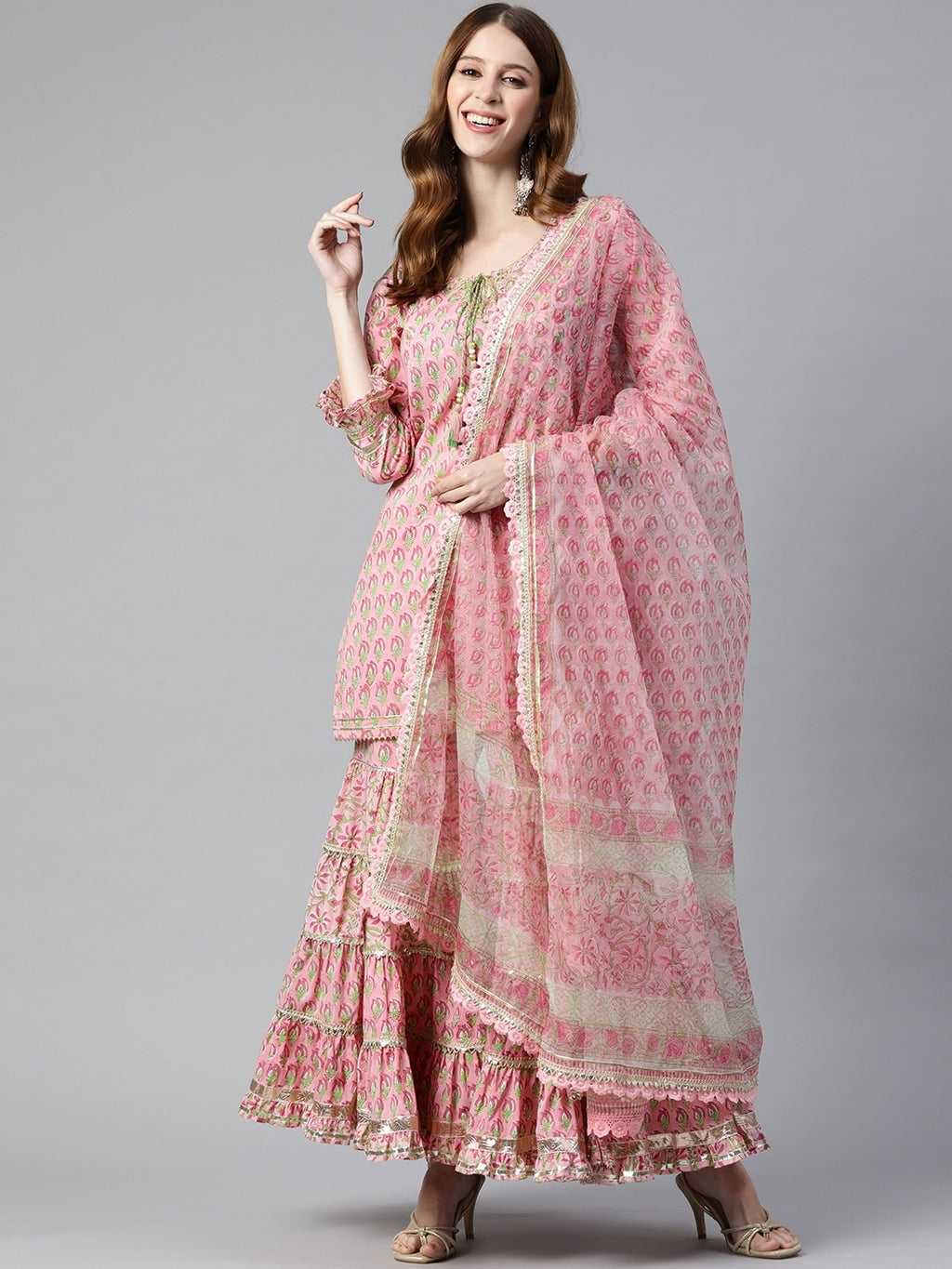 Pink Floral Hand Block Printed Cotton Kurta Sharara Set with Dupatta