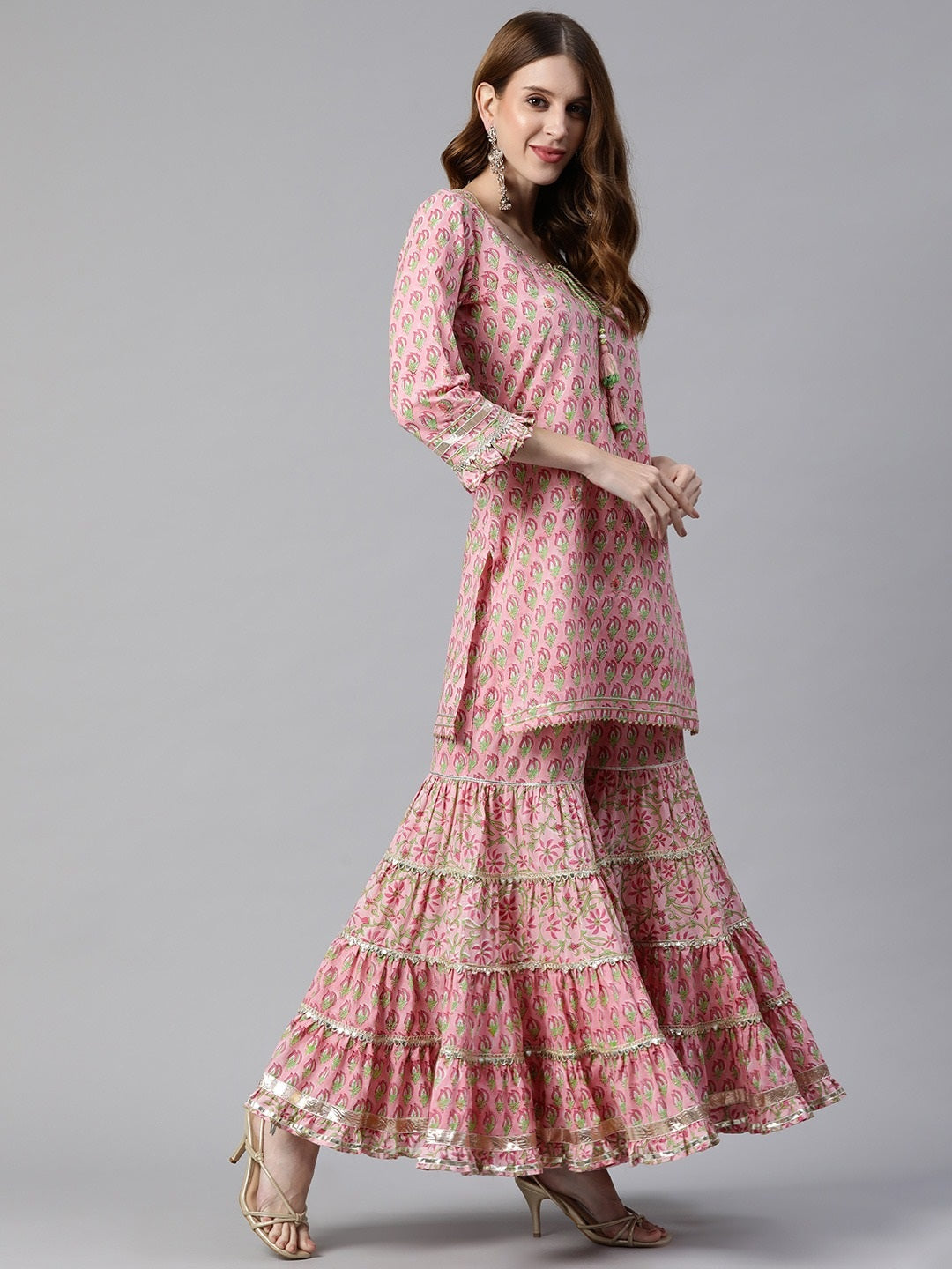 Pink Floral Hand Block Printed Cotton Kurta Sharara Set with Dupatta