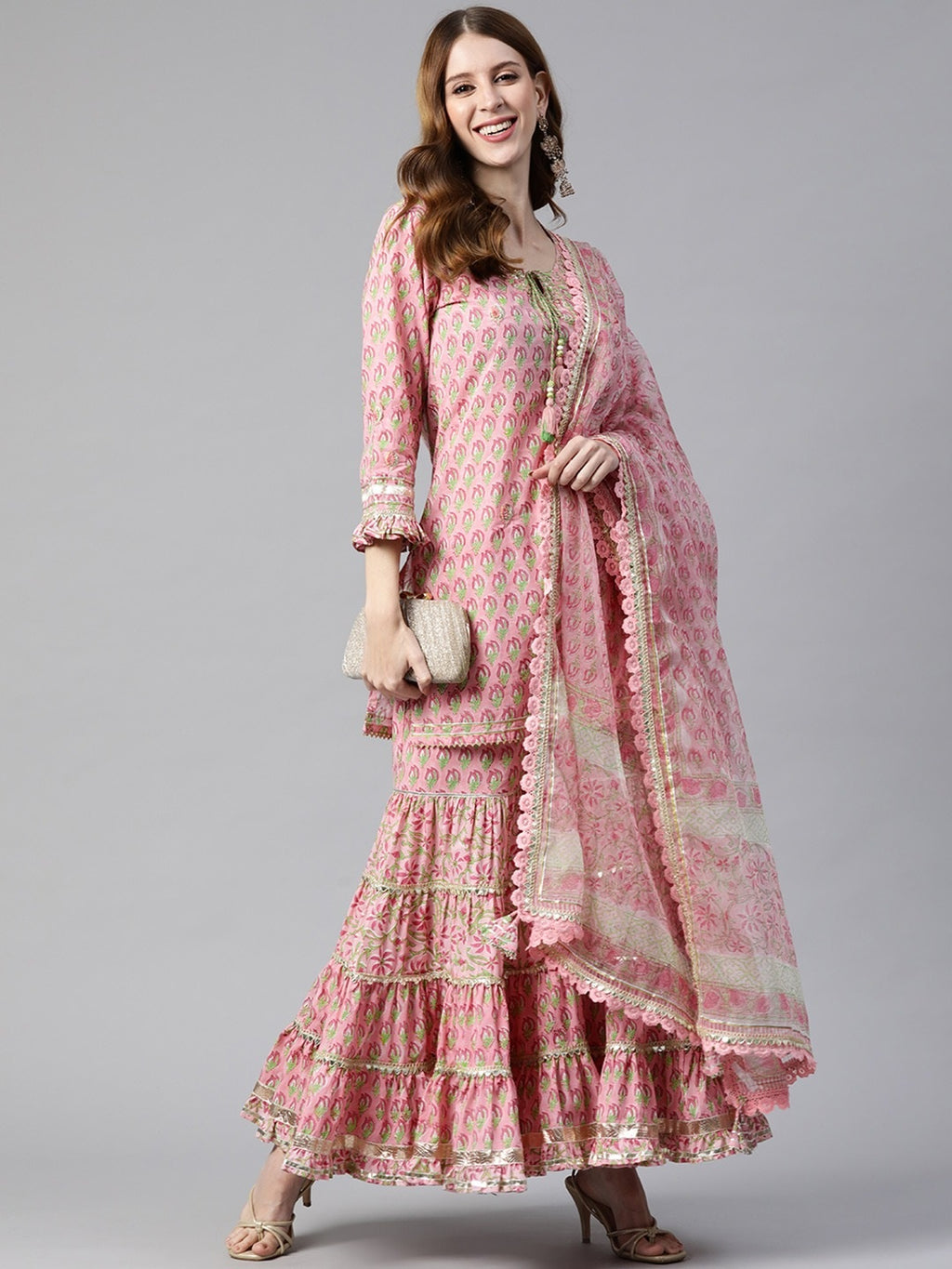 Pink Floral Hand Block Printed Cotton Kurta Sharara Set with Dupatta