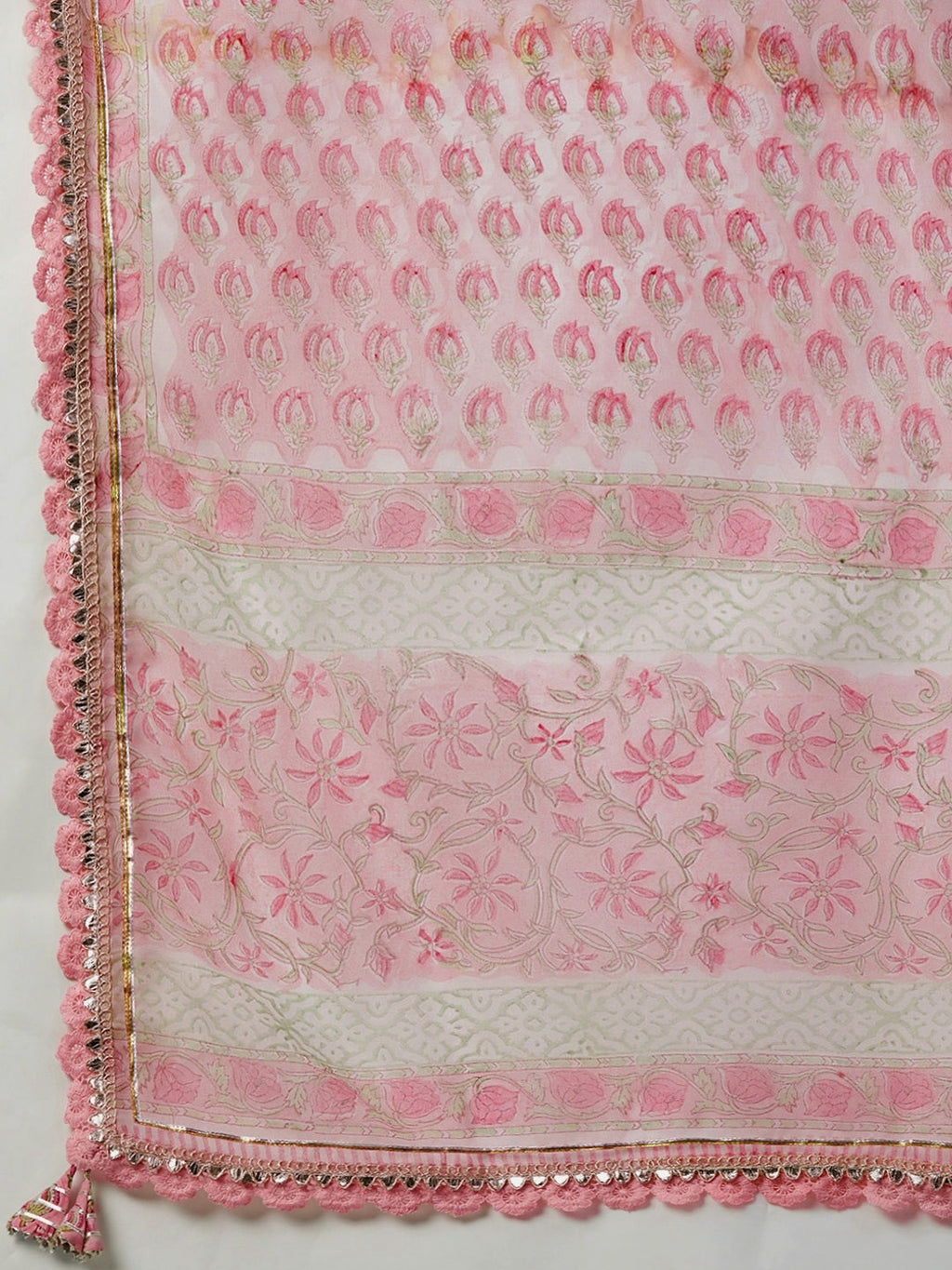 Pink Floral Hand Block Printed Cotton Kurta Sharara Set with Dupatta