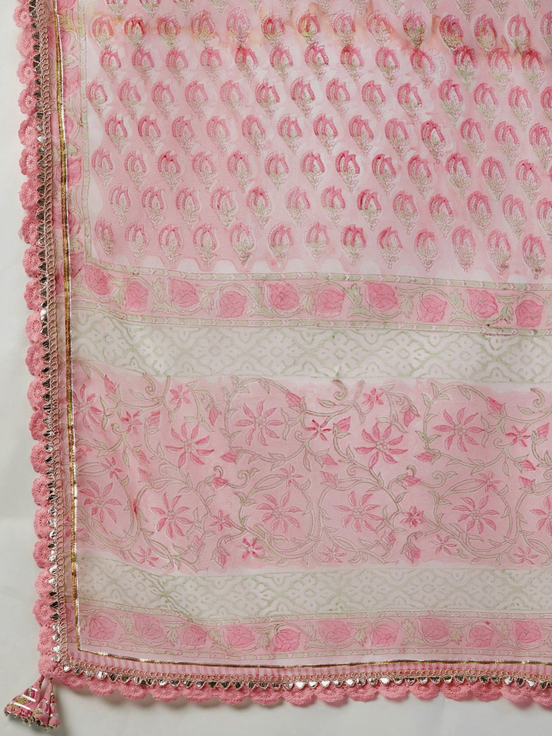 Pink Floral Hand Block Printed Cotton Kurta Sharara Set with Dupatta