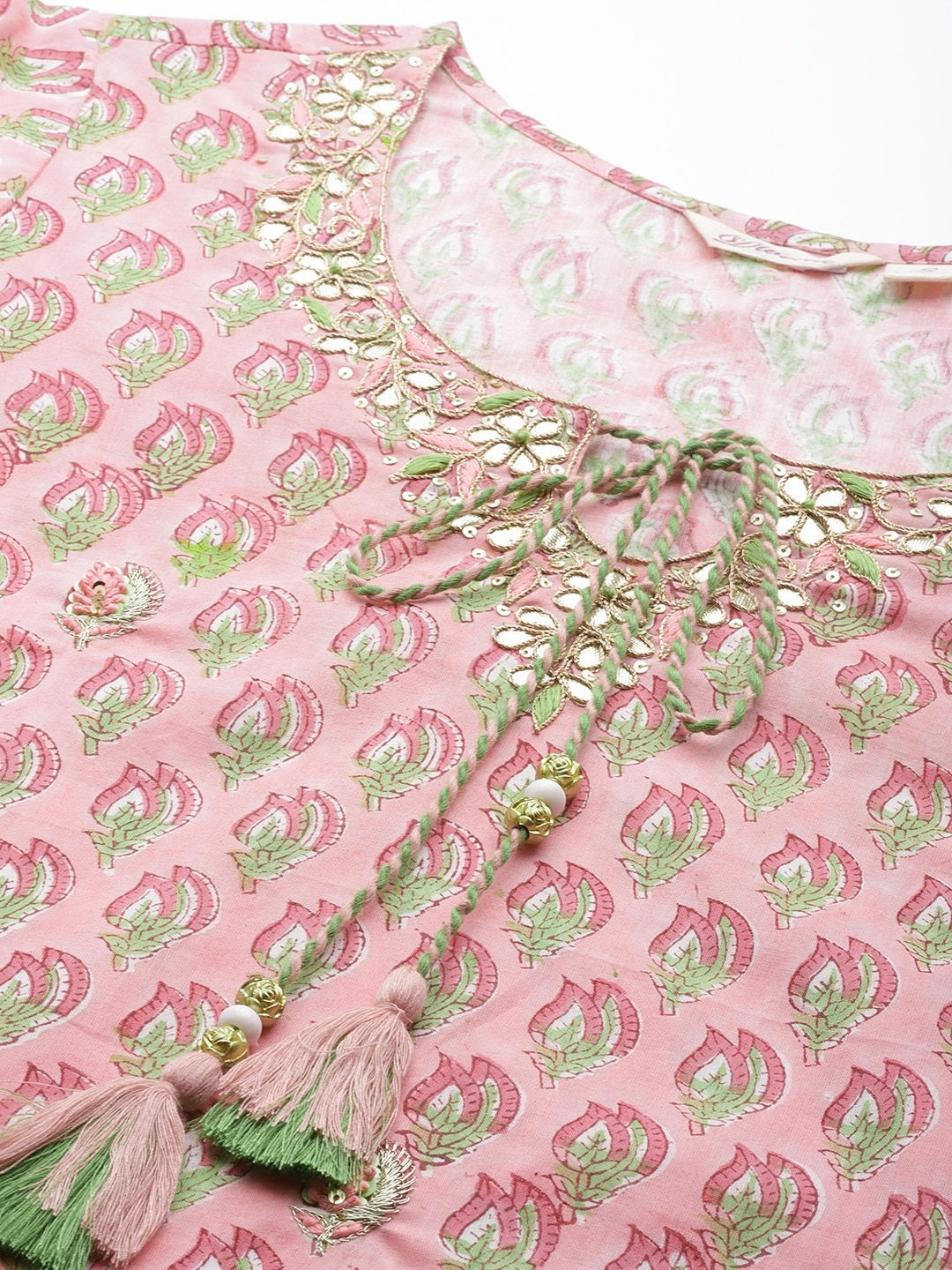 Pink Floral Hand Block Printed Cotton Kurta Sharara Set with Dupatta