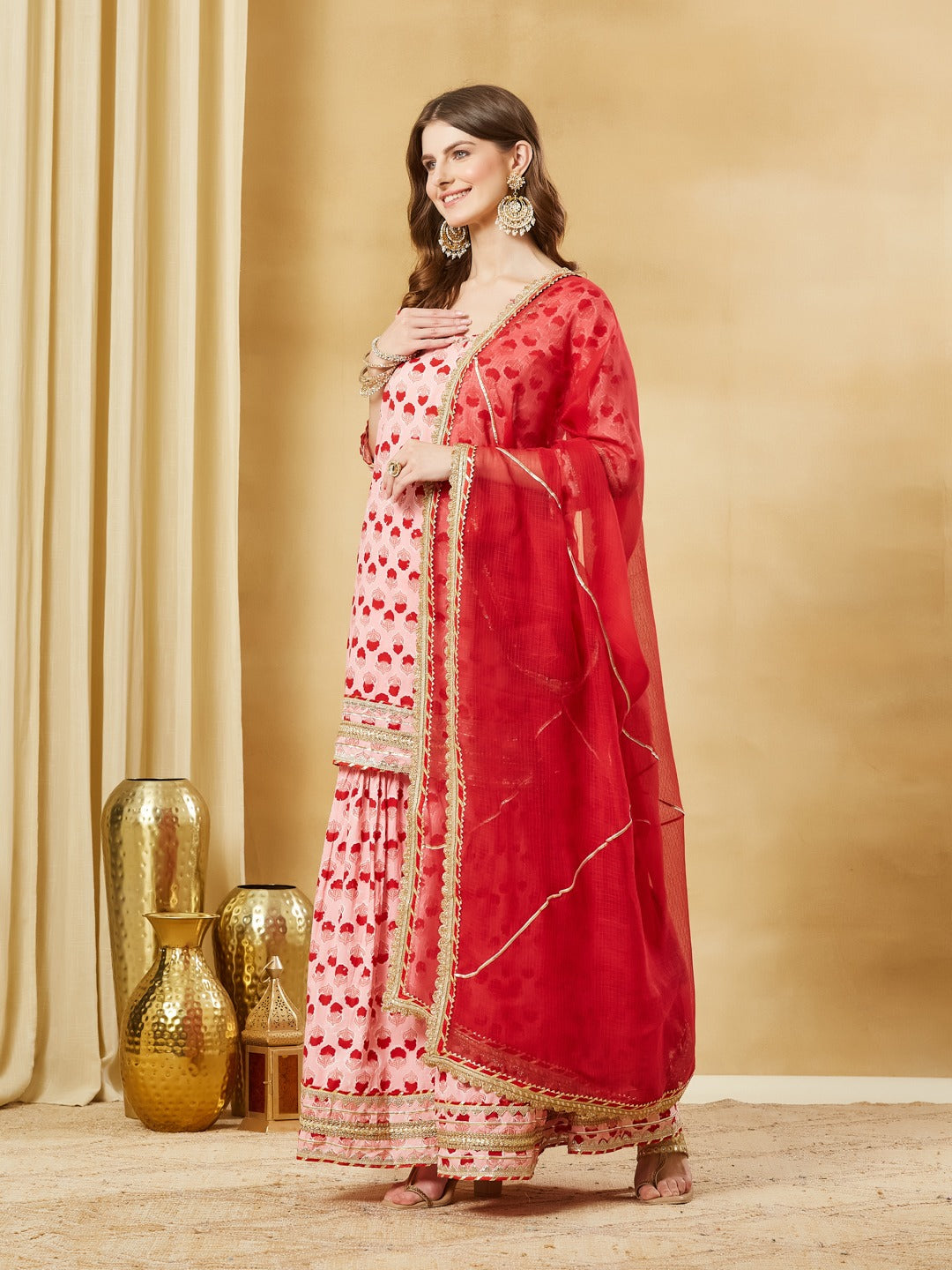 Pink Hand Block Pure Cotton Kurta Sharara Set with Kota Doria Dupatta