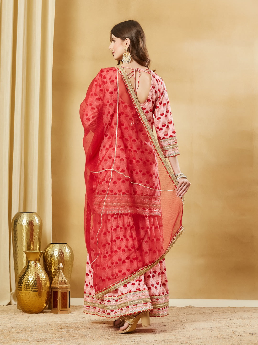 Pink Hand Block Pure Cotton Kurta Sharara Set with Kota Doria Dupatta
