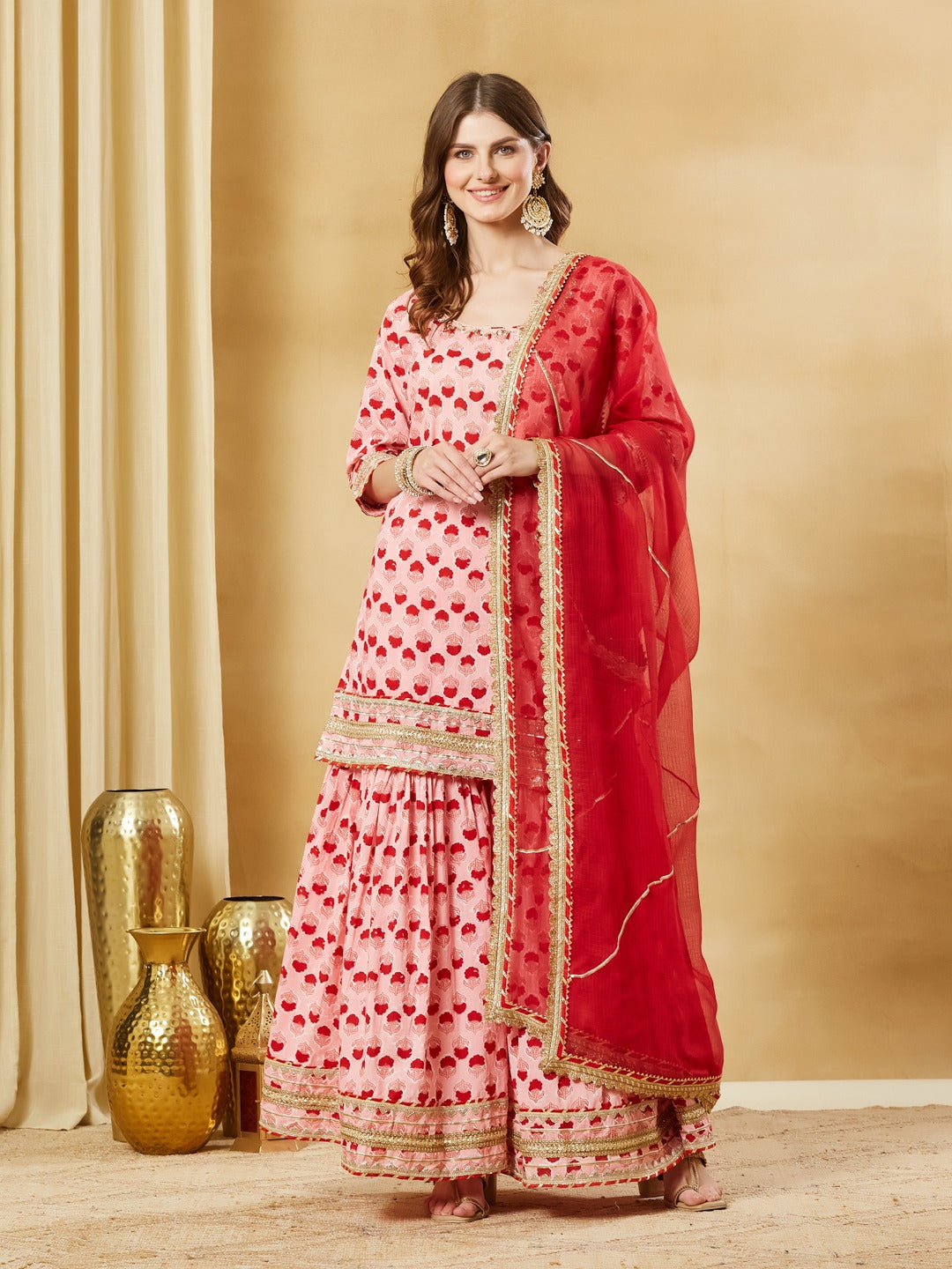 Pink Hand Block Pure Cotton Kurta Sharara Set with Kota Doria Dupatta