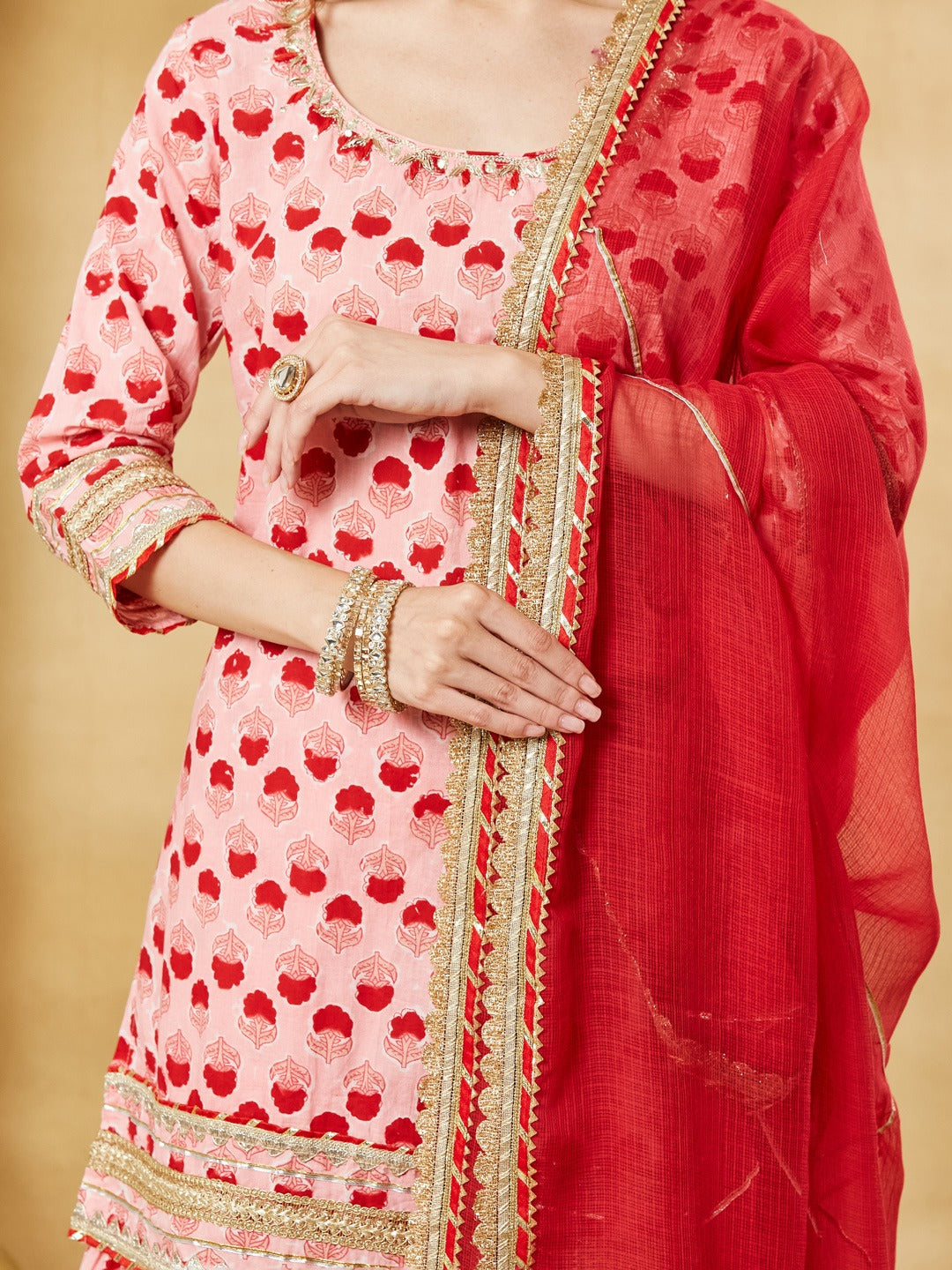 Pink Hand Block Pure Cotton Kurta Sharara Set with Kota Doria Dupatta