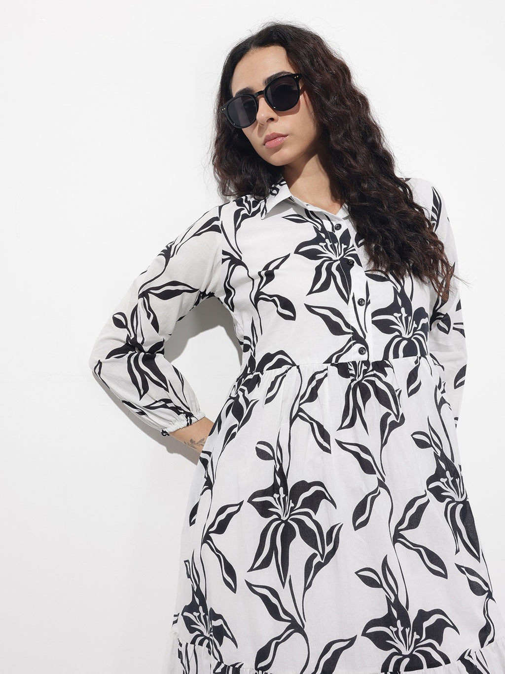 Women’s White Floral Printed Cotton Shirt Collar Fit & Flare Dress