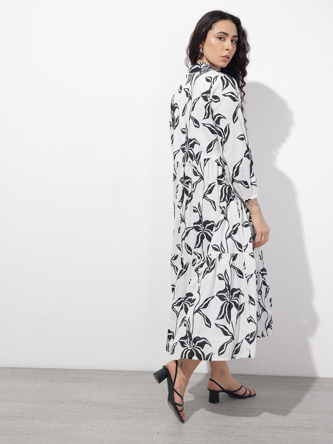Women’s White Floral Printed Cotton Shirt Collar Fit & Flare Dress