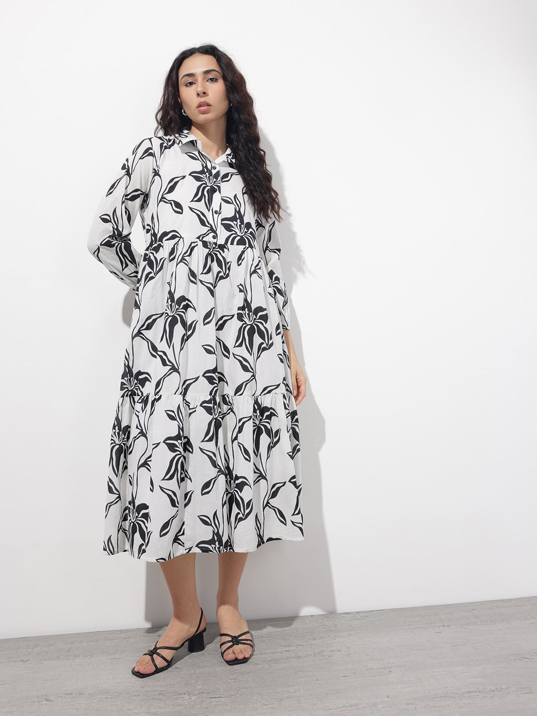 Women’s White Floral Printed Cotton Shirt Collar Fit & Flare Dress