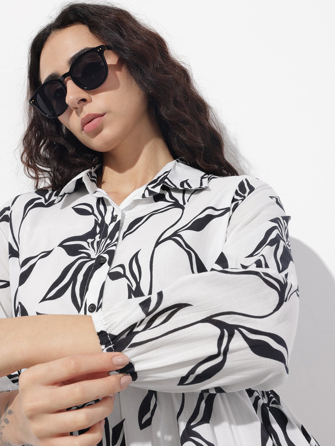 Women’s White Floral Printed Cotton Shirt Collar Fit & Flare Dress