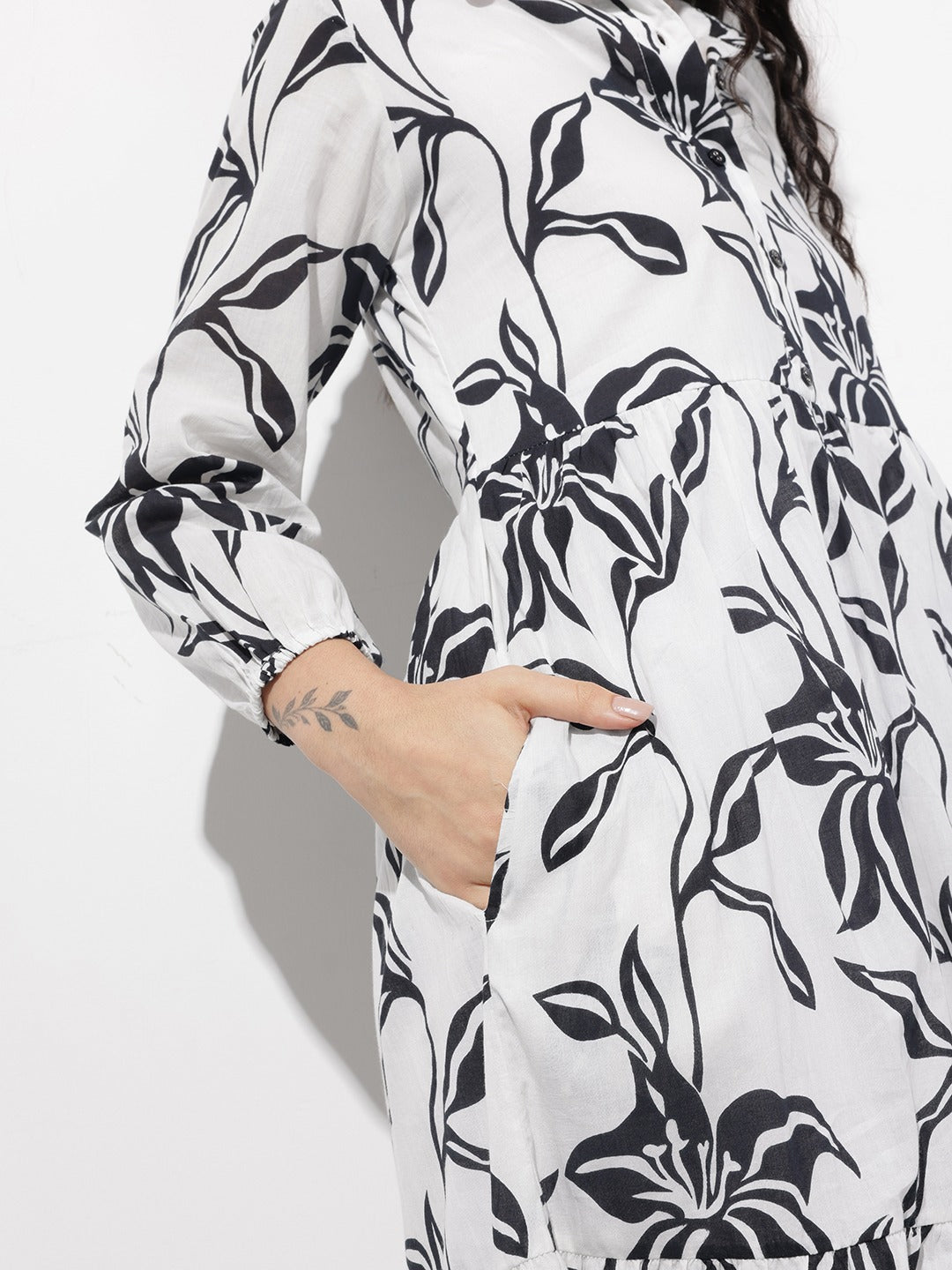 Women’s White Floral Printed Cotton Shirt Collar Fit & Flare Dress
