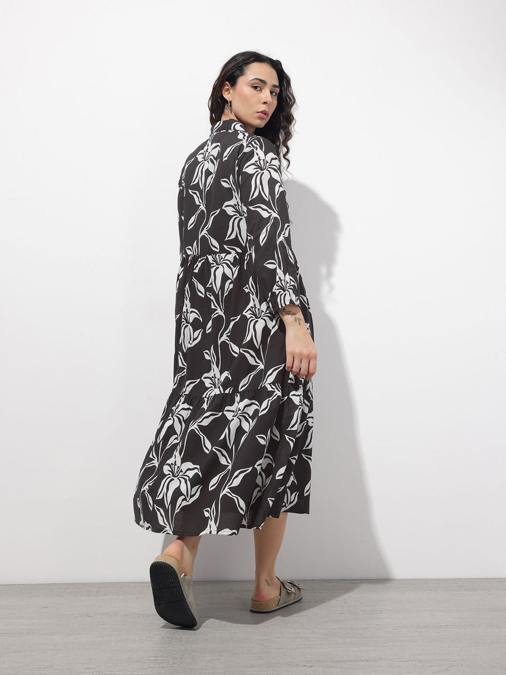 Women’s Black Floral Printed Cotton Shirt Collar Fit & Flare Dress