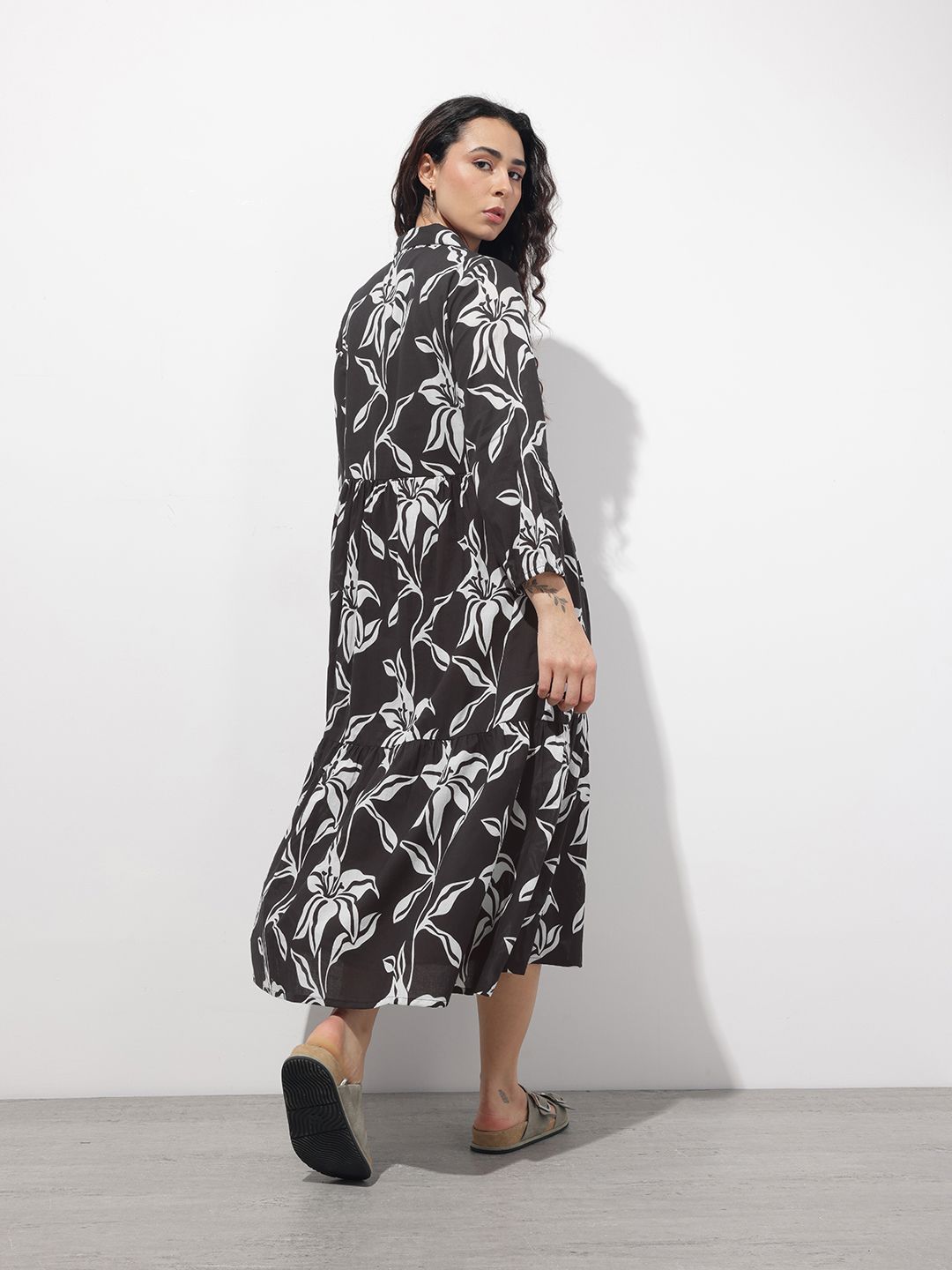 Women’s Black Floral Printed Cotton Shirt Collar Fit & Flare Dress