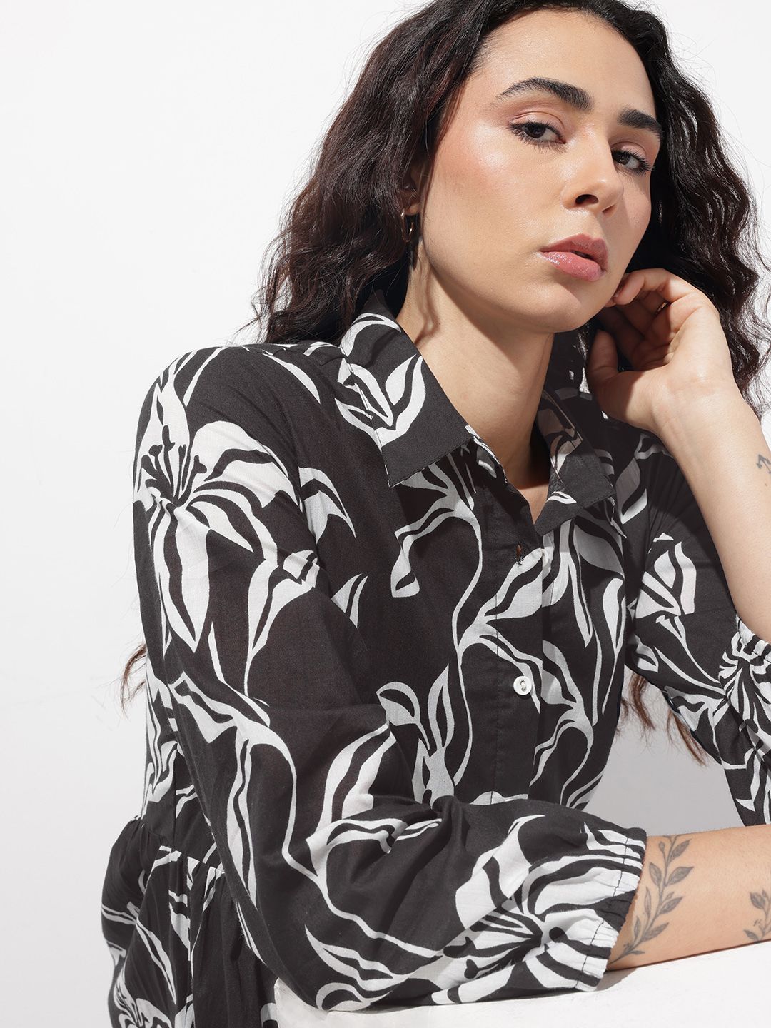 Women’s Black Floral Printed Cotton Shirt Collar Fit & Flare Dress