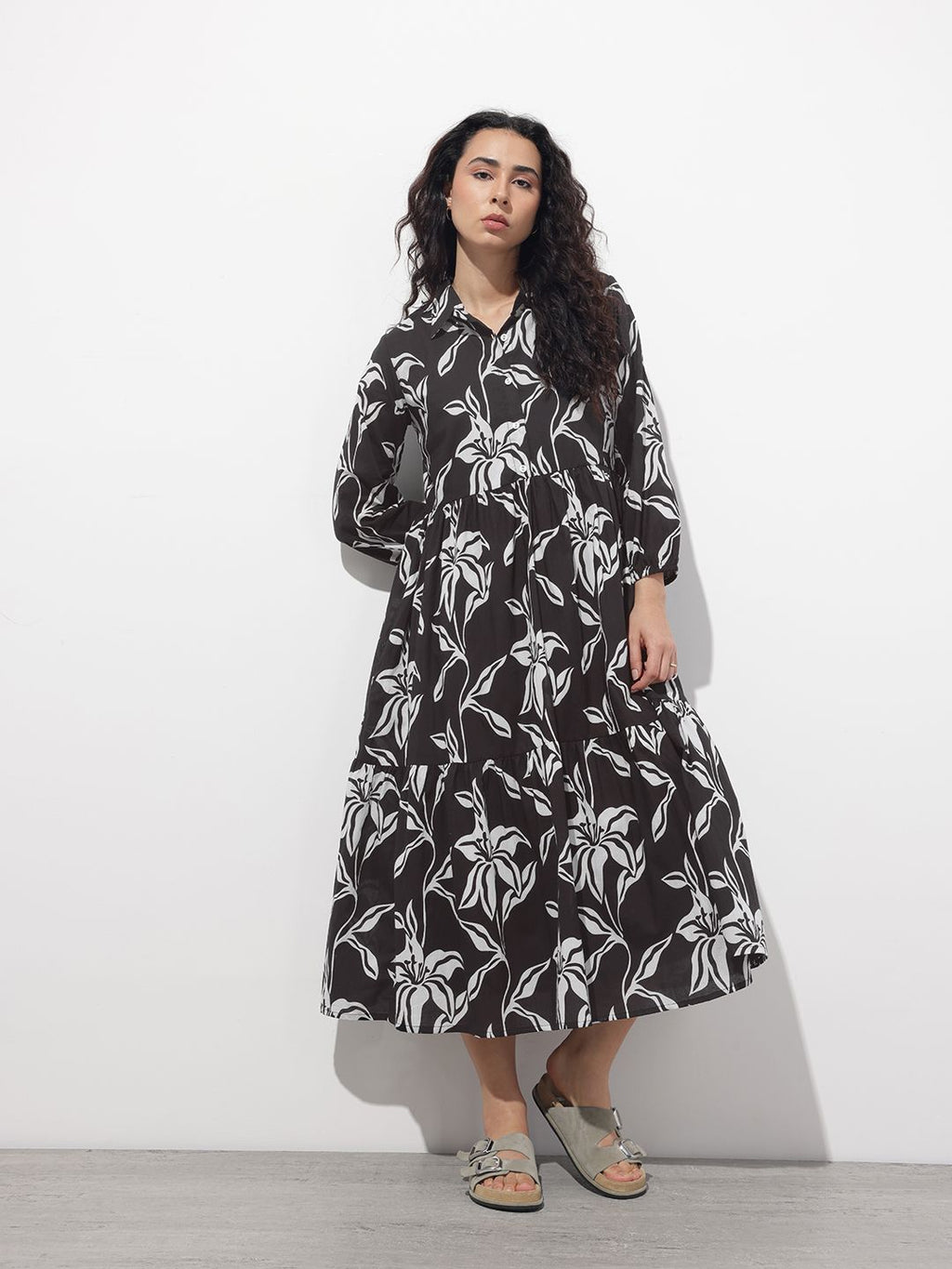 Women’s Black Floral Printed Cotton Shirt Collar Fit & Flare Dress