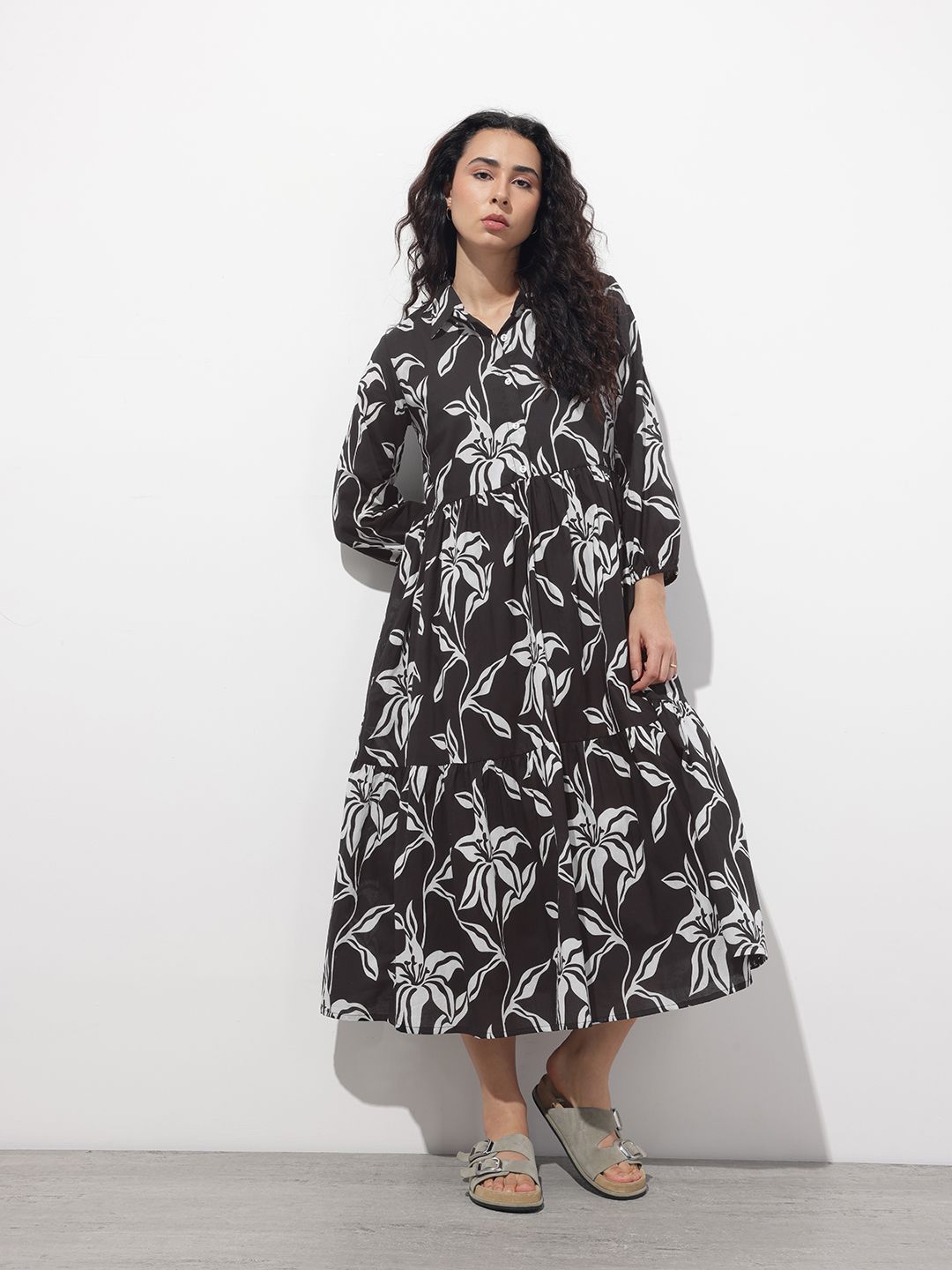 Women’s Black Floral Printed Cotton Shirt Collar Fit & Flare Dress