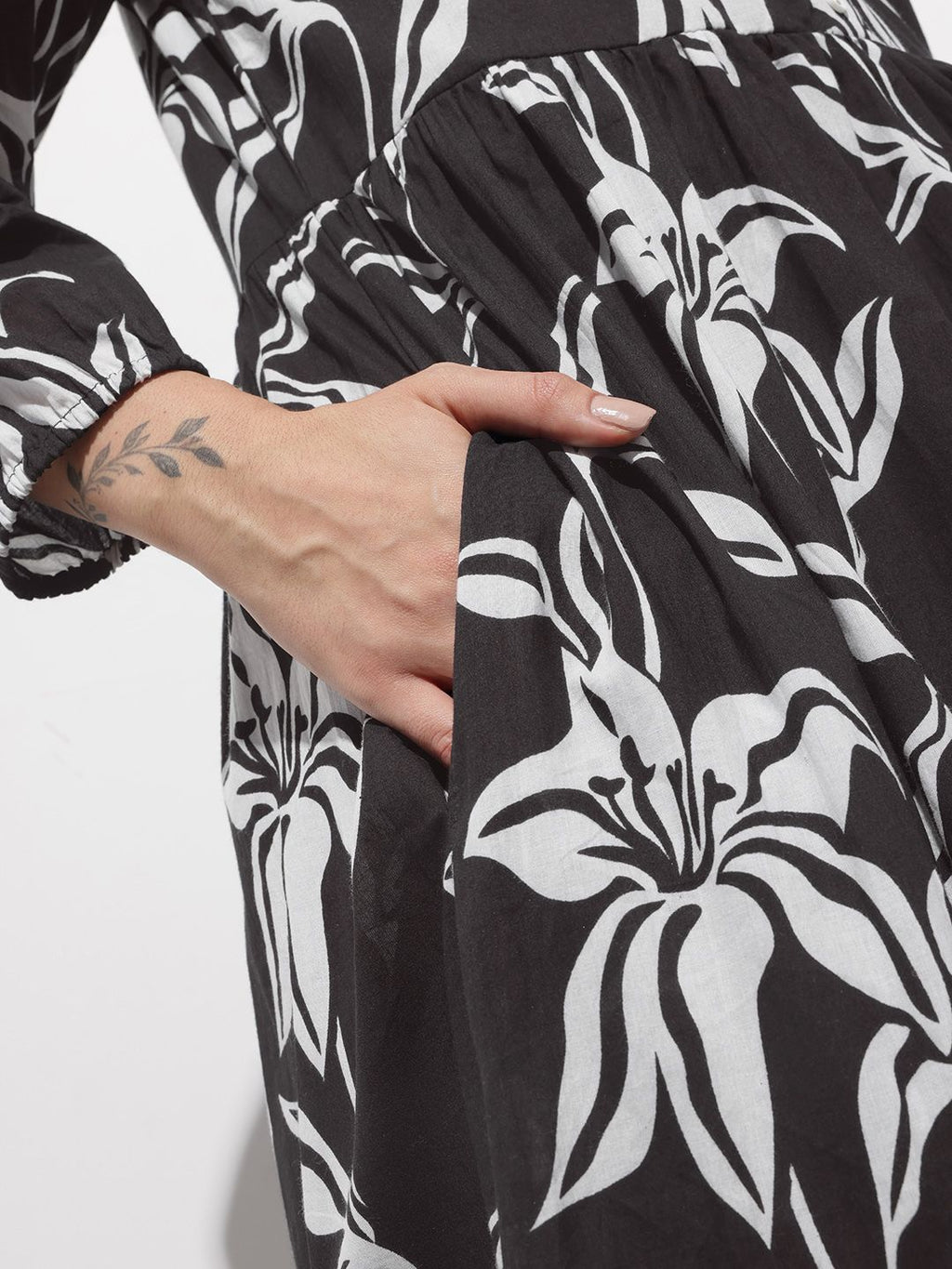 Women’s Black Floral Printed Cotton Shirt Collar Fit & Flare Dress