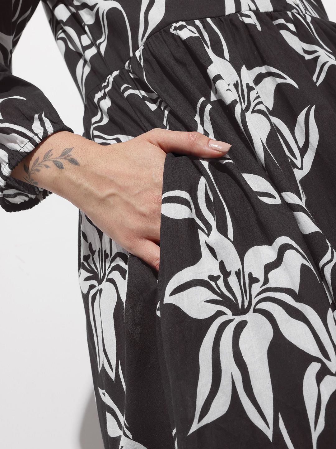 Women’s Black Floral Printed Cotton Shirt Collar Fit & Flare Dress