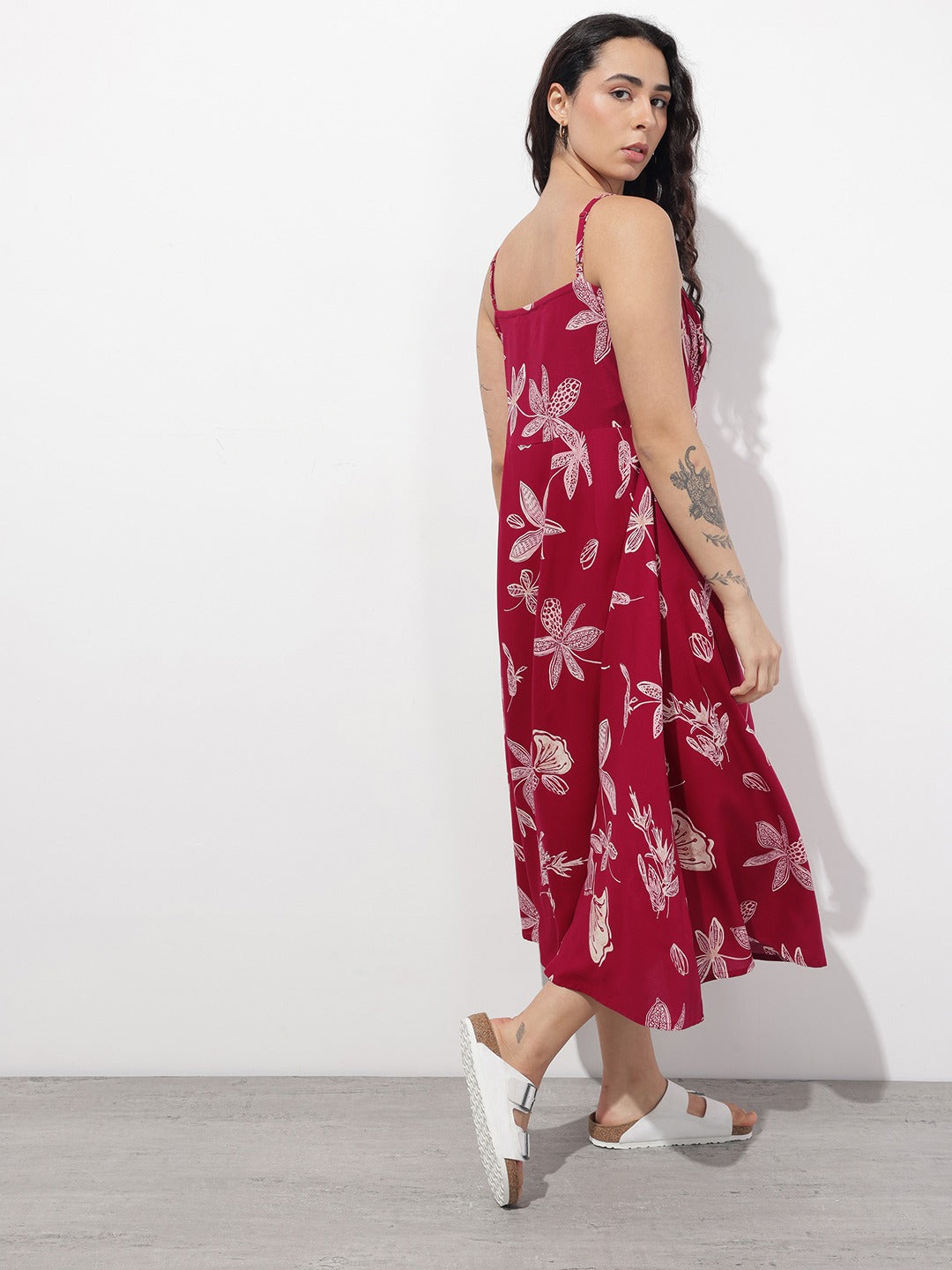 Women’s Maroon Floral Print Viscose Rayon Fit & Flare Dress