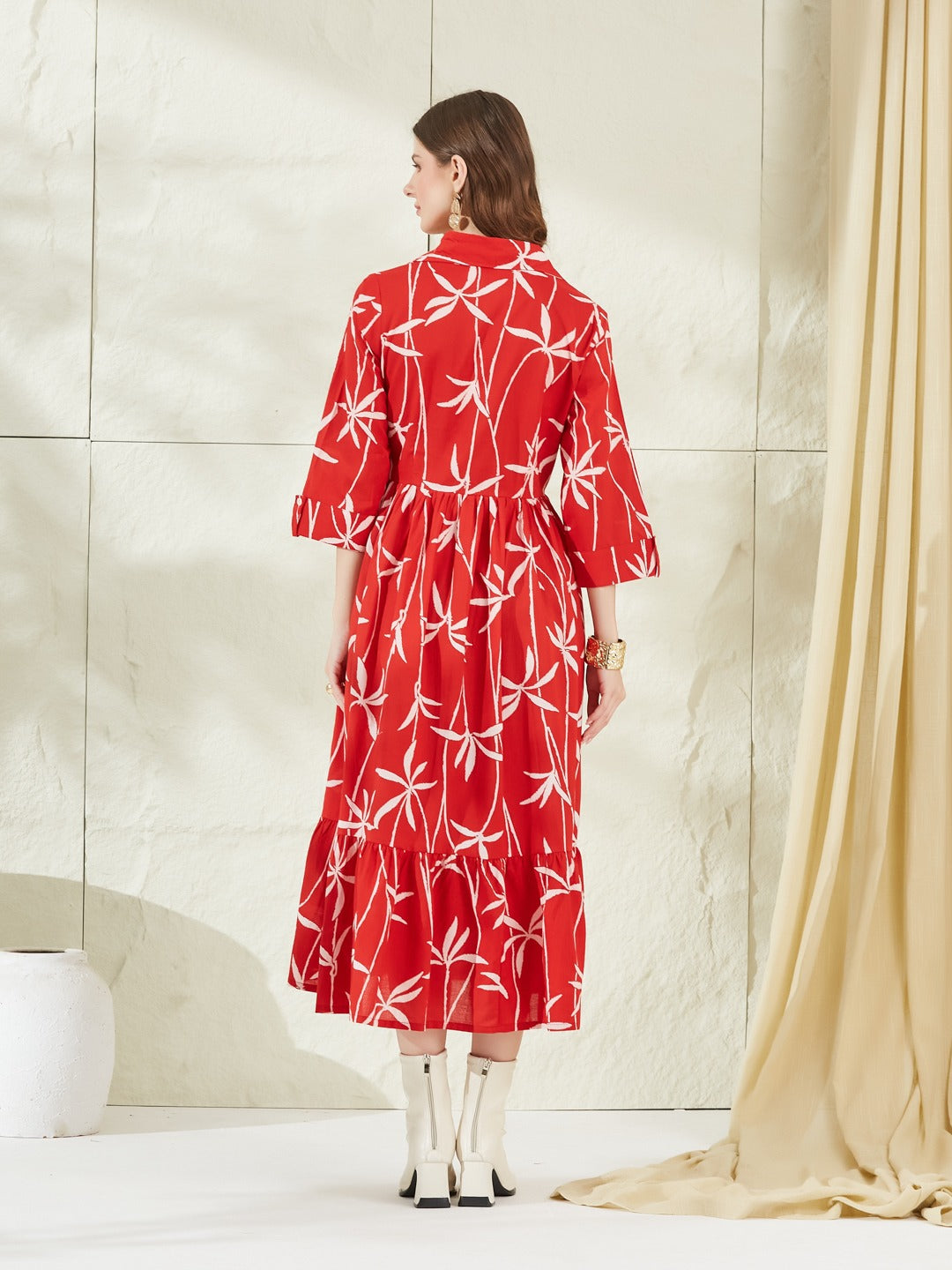 Women’s Red Cotton Shirt Collar Midi Dress