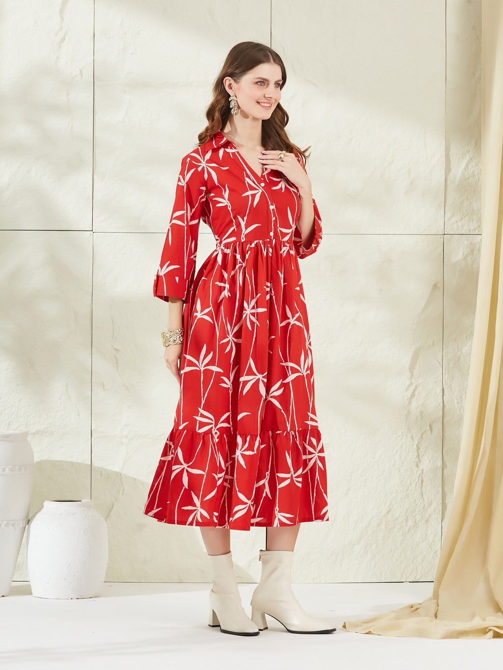 Women’s Red Cotton Shirt Collar Midi Dress
