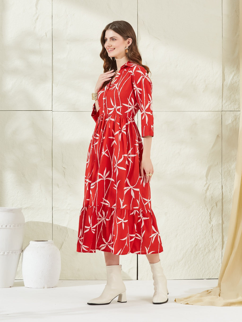 Women’s Red Cotton Shirt Collar Midi Dress