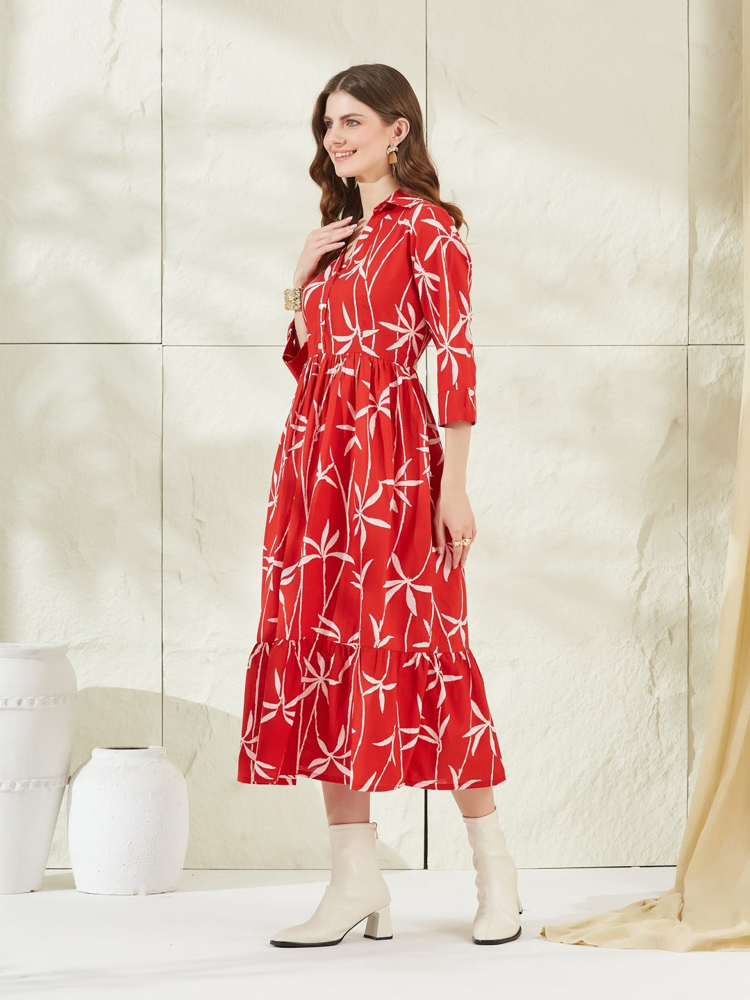 Women’s Red Cotton Shirt Collar Midi Dress