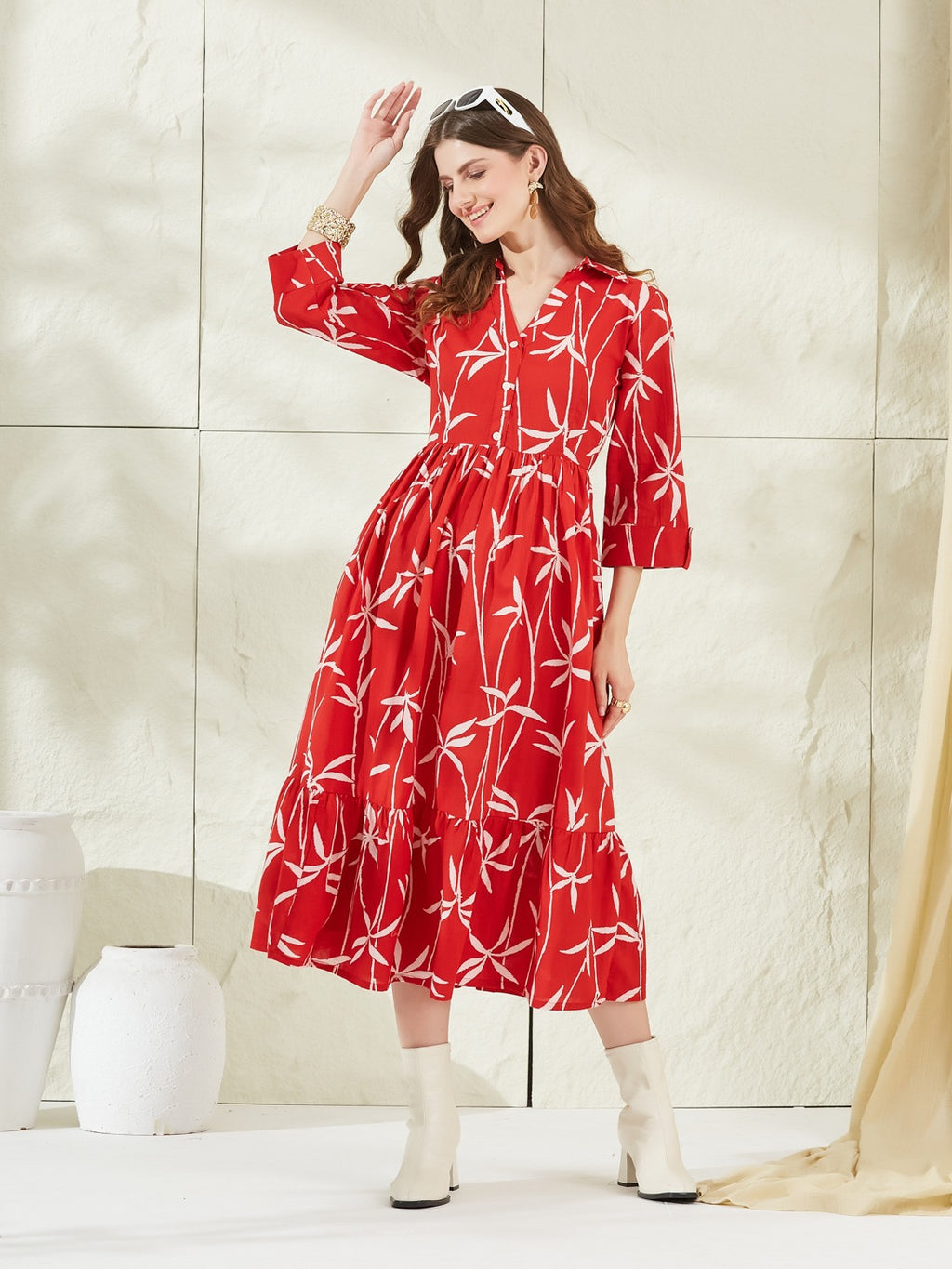 Women’s Red Cotton Shirt Collar Midi Dress