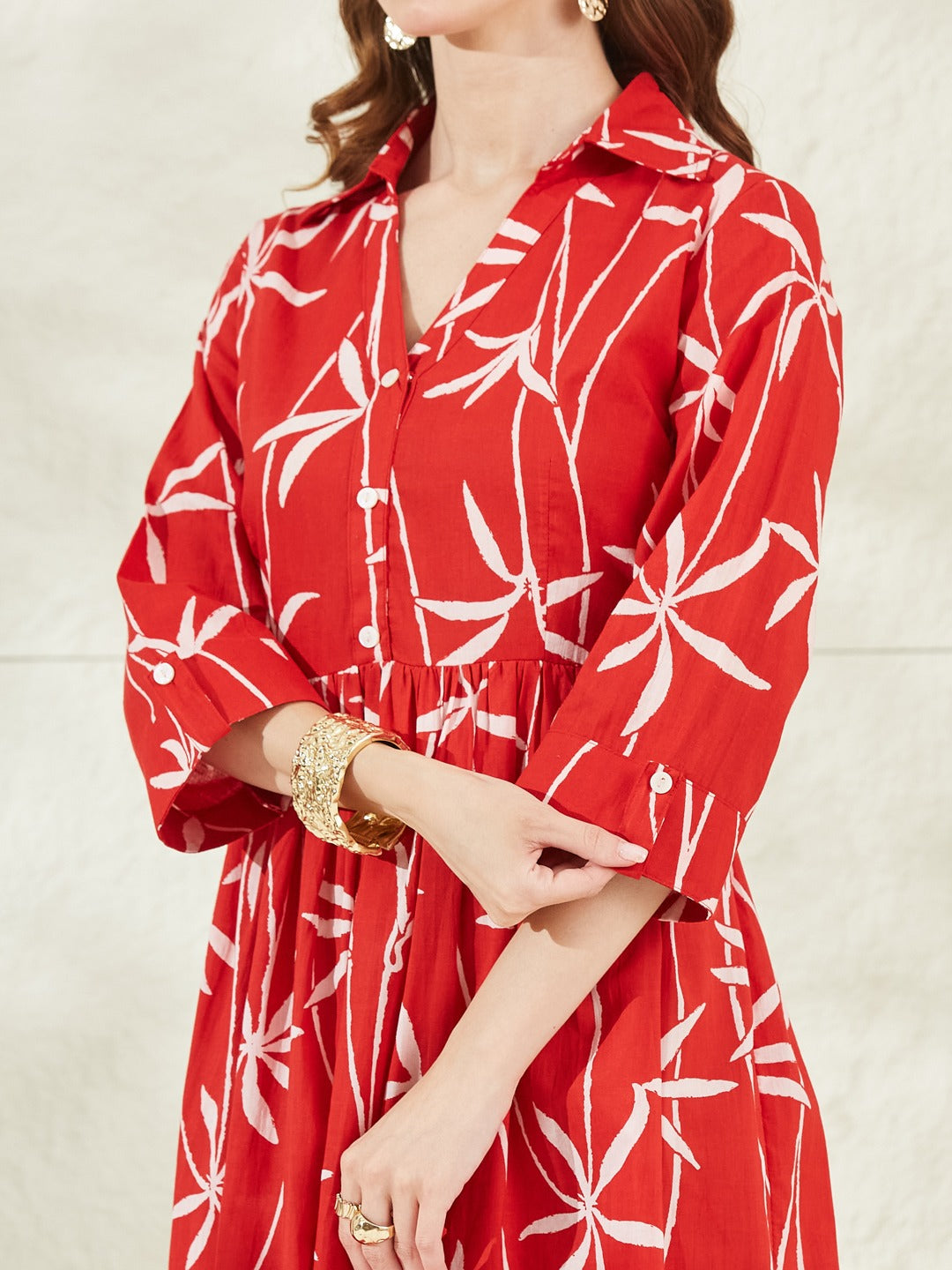 Women’s Red Cotton Shirt Collar Midi Dress